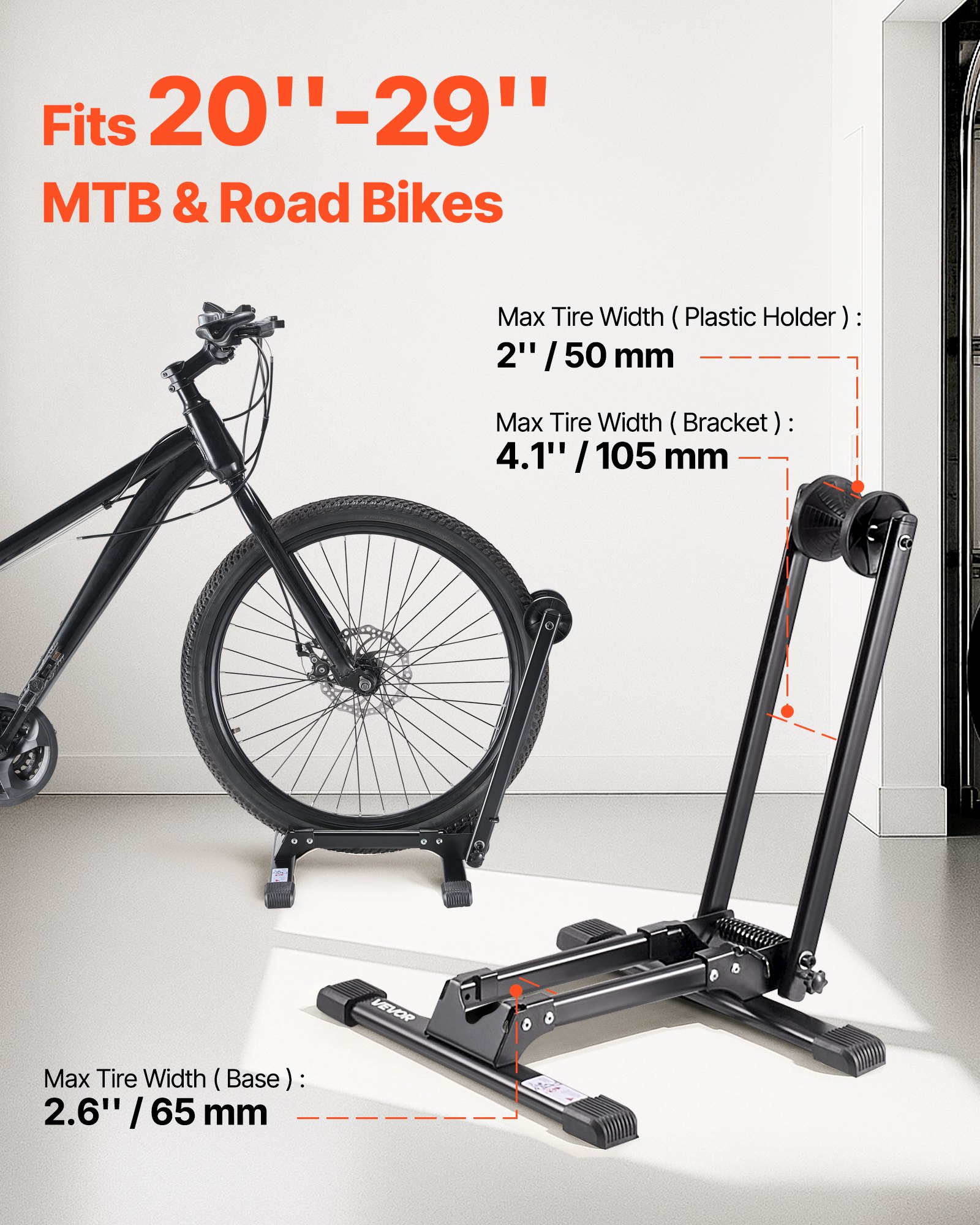 VEVOR Soporte para Aparcar Bicicletas de Montaña y Carretera de 508 a 685.8 mm Soporte de Suelo Plegable para Bicicleta de Acero para Entrada, Garaje, Casa, Aparcamiento, Almacenamiento, Negro