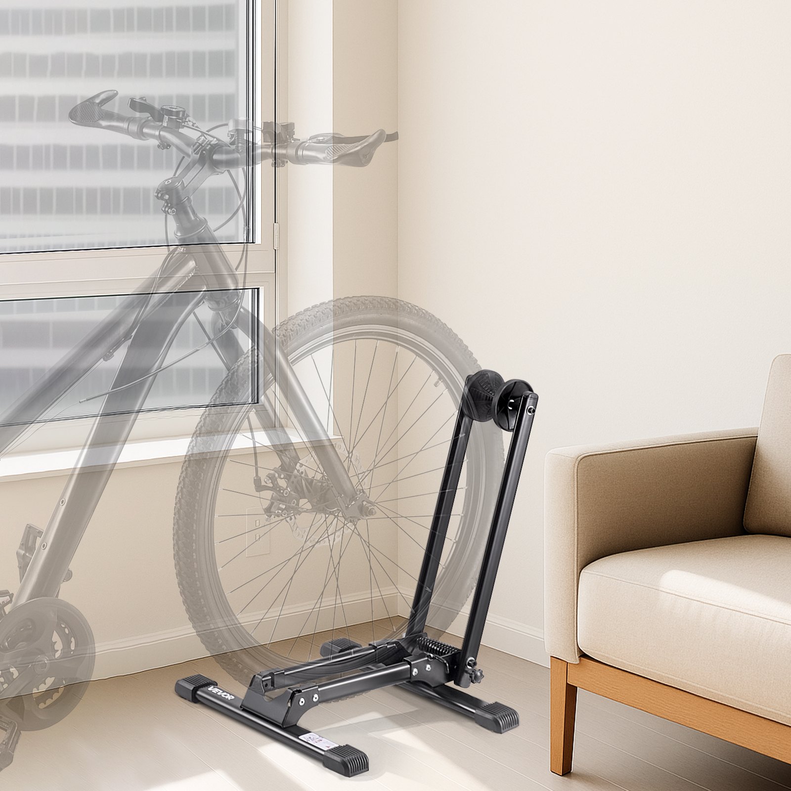 VEVOR Soporte para Aparcar Bicicletas de Montaña y Carretera de 508 a 685.8 mm Soporte de Suelo Plegable para Bicicleta de Acero para Entrada, Garaje, Casa, Aparcamiento, Almacenamiento, Negro