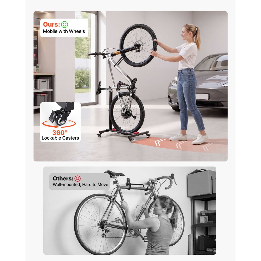 VEVOR Soporte para Bicicleta de Acero con Ruedas 360°, Altura Ajustable, Portabicicletas Independiente con Bloqueo, Uso Vertical y Horizontal para Ruedas de 20 a 29 Pulgadas (508 a 737 mm), Juego de 2