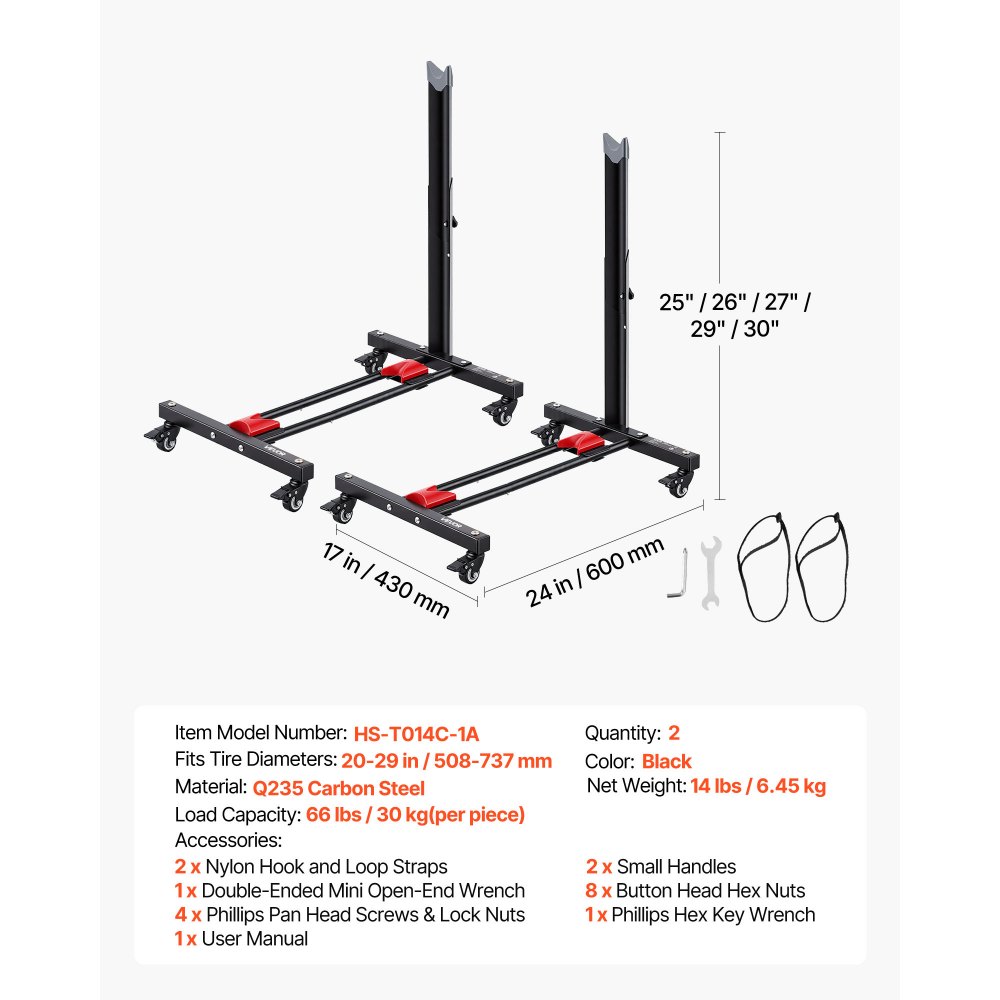 VEVOR Soporte para Bicicleta de Acero con Ruedas 360°, Altura Ajustable, Portabicicletas Independiente con Bloqueo, Uso Vertical y Horizontal para Ruedas de 20 a 29 Pulgadas (508 a 737 mm), Juego de 2