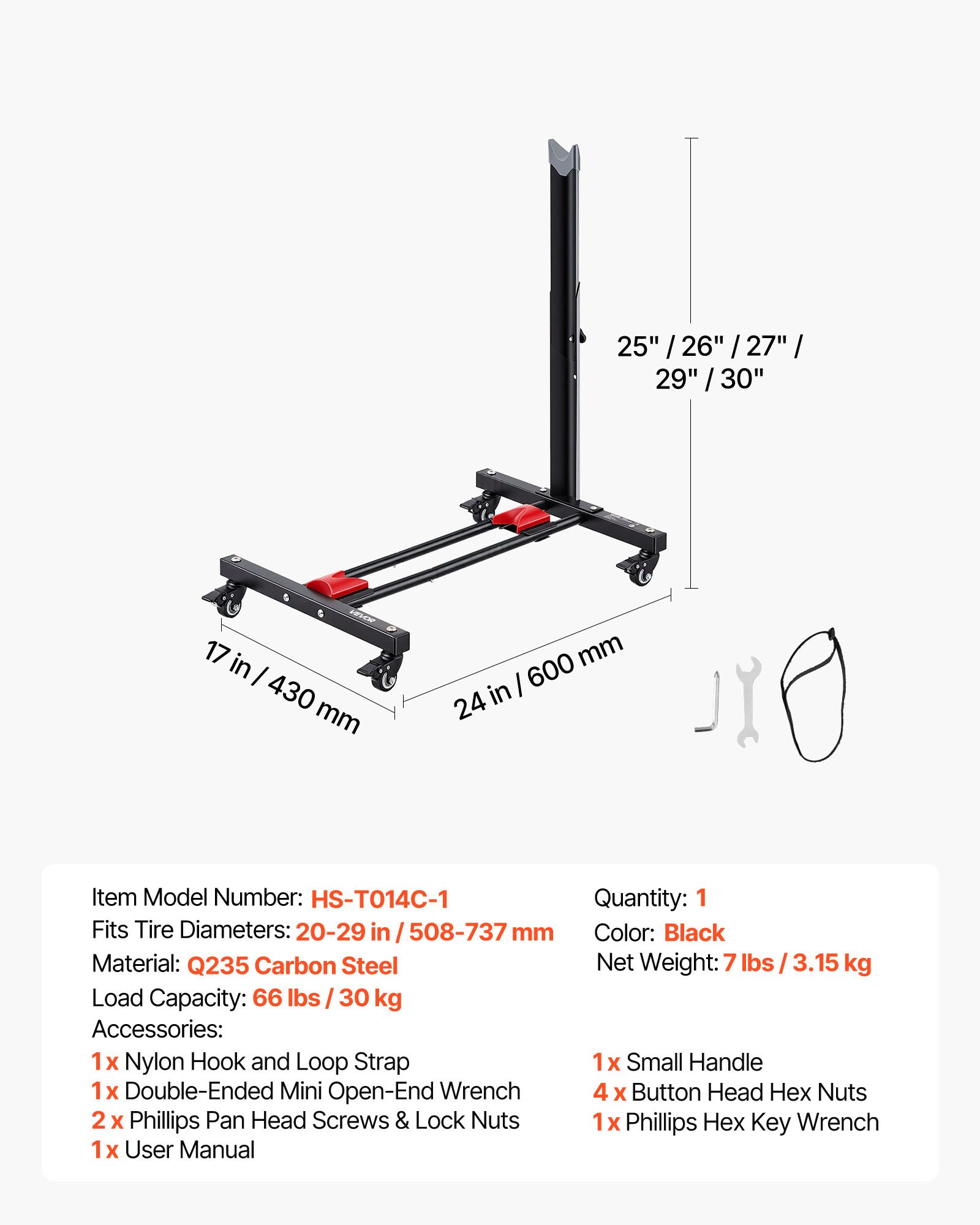 VEVOR Soporte para Bicicleta con Ruedas 360° con Bloqueo, Ajuste de Altura 5 Niveles, Portabicicletas Independiente de Acero, Uso Vertical y Horizontal para Ruedas de 20 a 29 Pulgadas (508 a 737 mm)