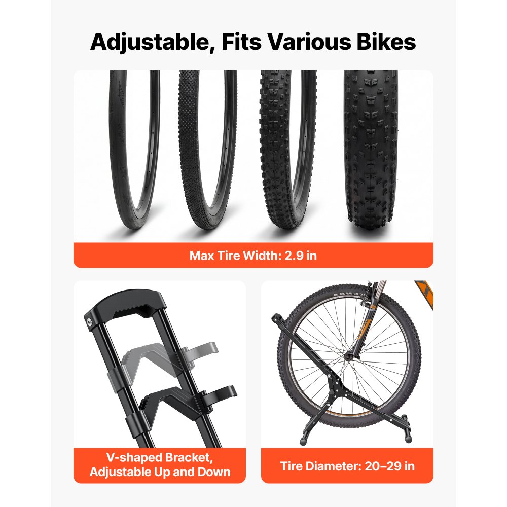 VEVOR Soporte para Bicicleta Plegable de Acero, Portabicicletas Independiente para Ruedas de 20 a 29 Pulgadas (508 a 737 mm) para Garaje, Apartamento, Salas de Estar, Balcones y Hogar, Color Negro