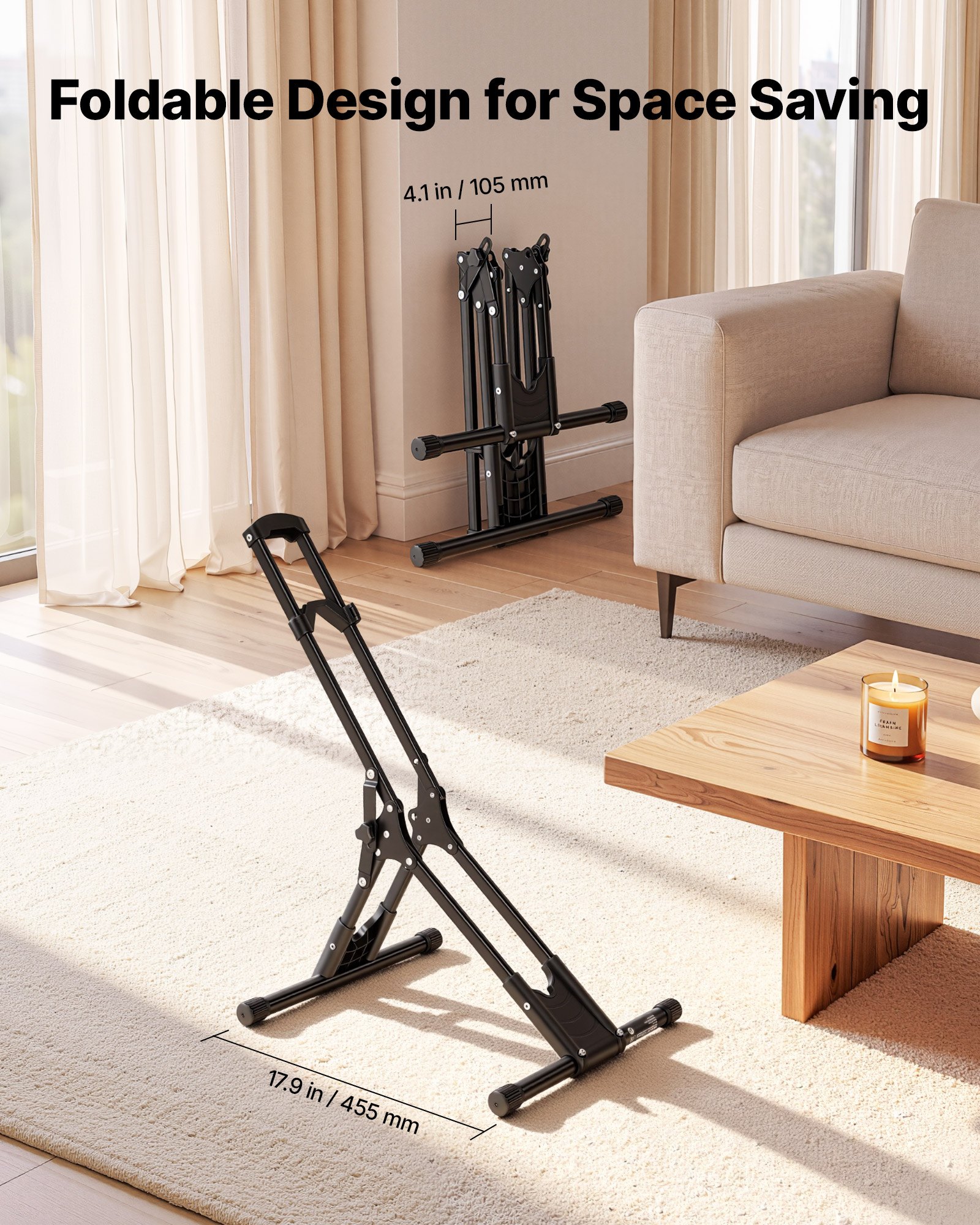 VEVOR Soporte para Bicicleta Plegable de Acero, Portabicicletas Independiente para Ruedas de 20 a 29 Pulgadas (508 a 737 mm) para Garaje, Apartamento, Salas de Estar, Balcones y Hogar, Color Negro