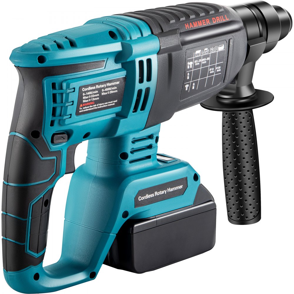 VEVOR Martillo Perforador, 18 V Taladro Percutor, 4 Funciones 0-1400 rpm, con Mango 360° Giratorio, 220x340x80 mm Taladro a Batería Adecuado para Perforar Concreto Acero y Madera