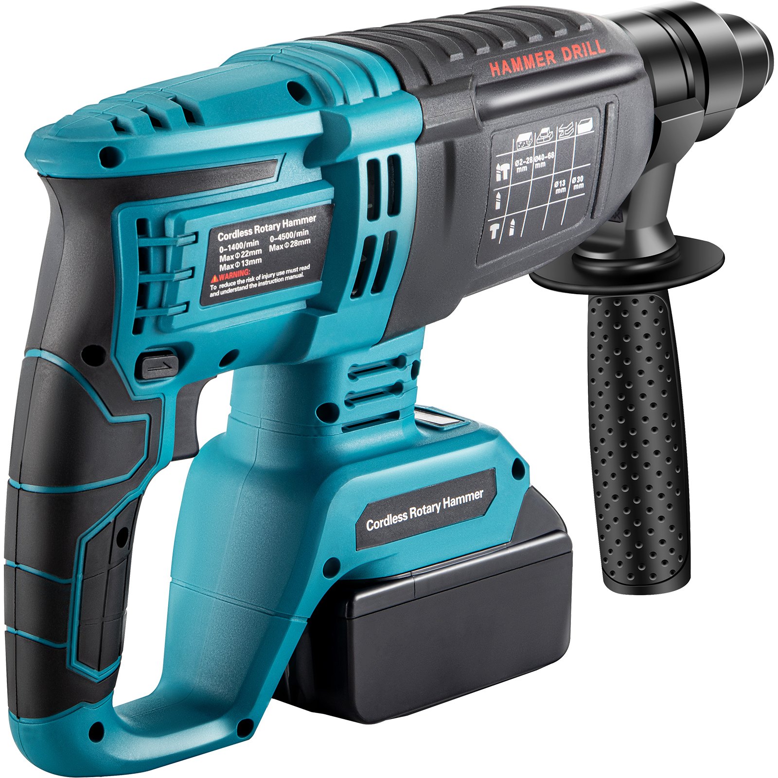 VEVOR Martillo Perforador, 18 V Taladro Percutor, 4 Funciones 0-1400 rpm, con Mango 360° Giratorio, 220x340x80 mm Taladro a Batería Adecuado para Perforar Concreto Acero y Madera