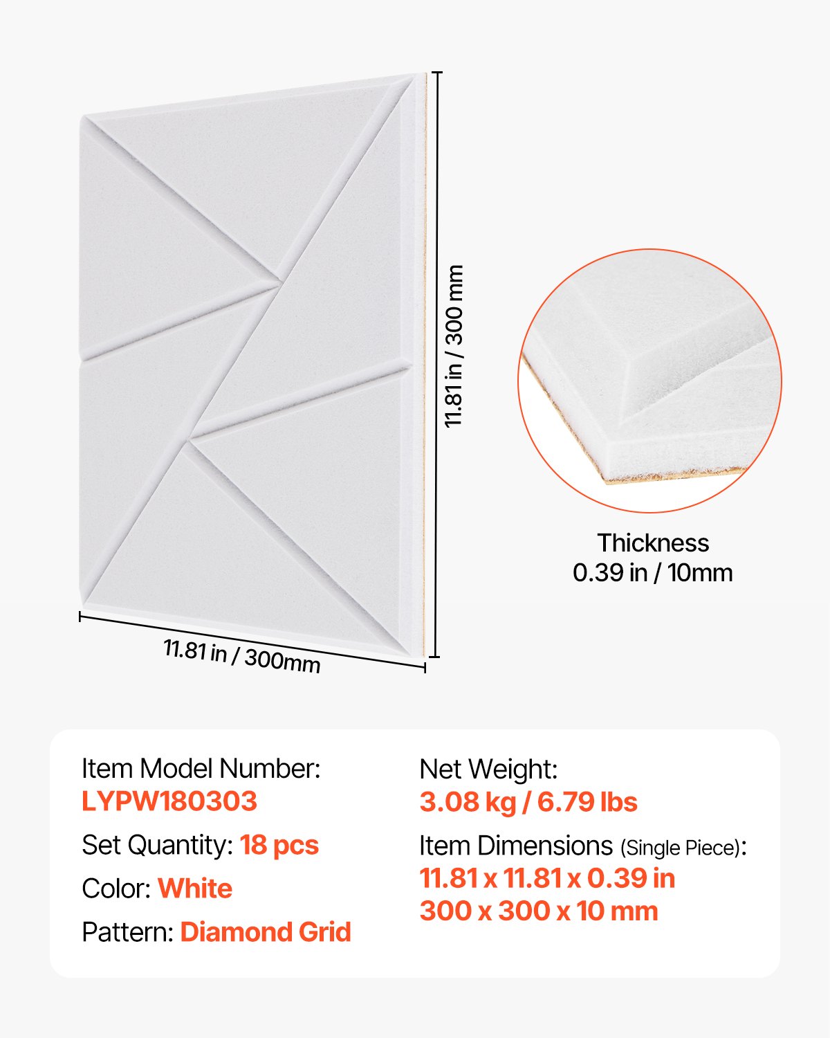 VEVOR Paneles Acústicos Autoadhesivos, 18 uds, 30 x 30 x 1 cm, Espuma Insonorizada, Fibra de Poliéster, Alta Densidad, para el Hogar, Estudio, Oficina, Teatro, Blanco, Cuadrícula de Diamantes