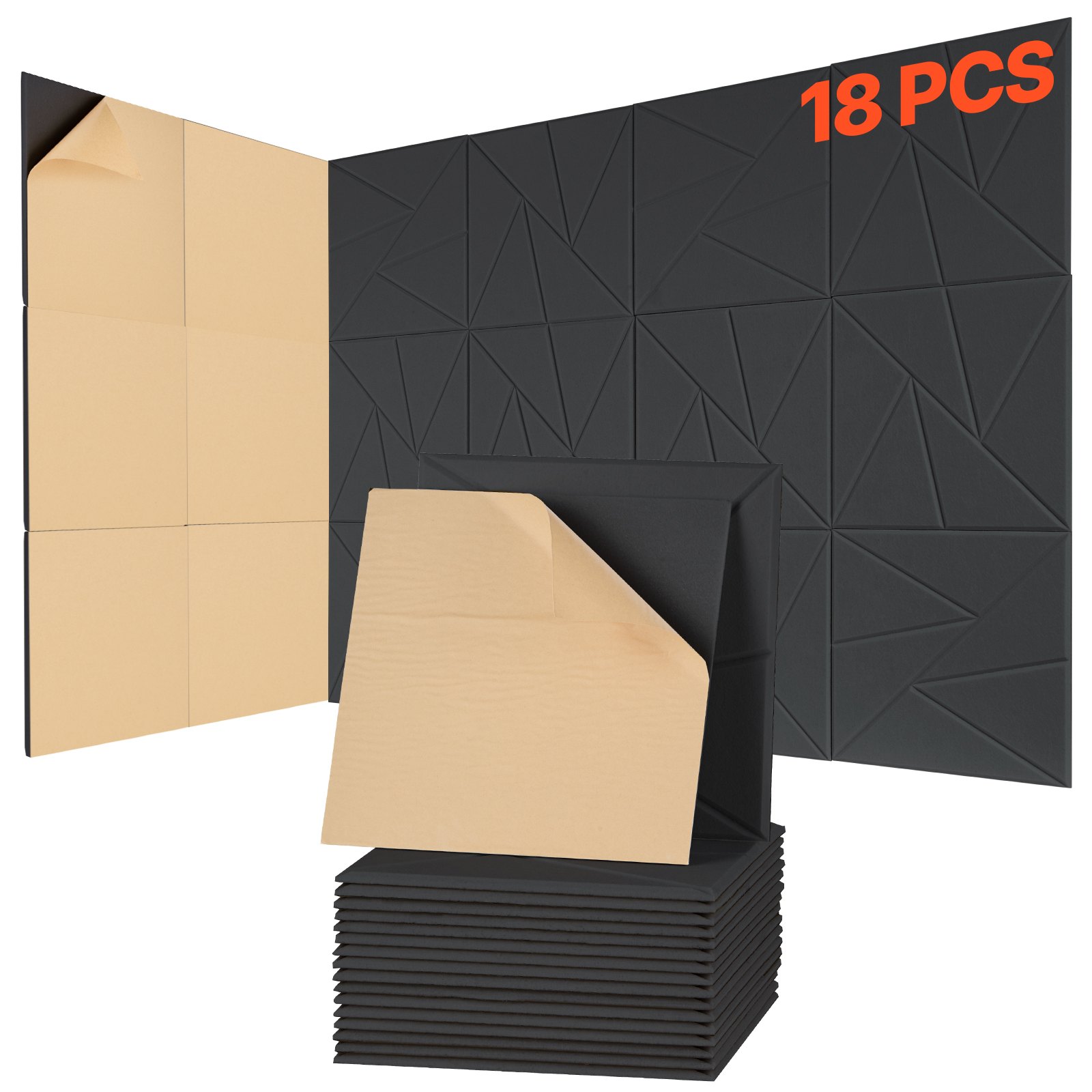 VEVOR 18-pack acoustic panels with self-adhesive tape, 300x300x10 mm soundproof foam panels, acoustic wall panels made of polyester fiber, for home, studio, office, theater, black