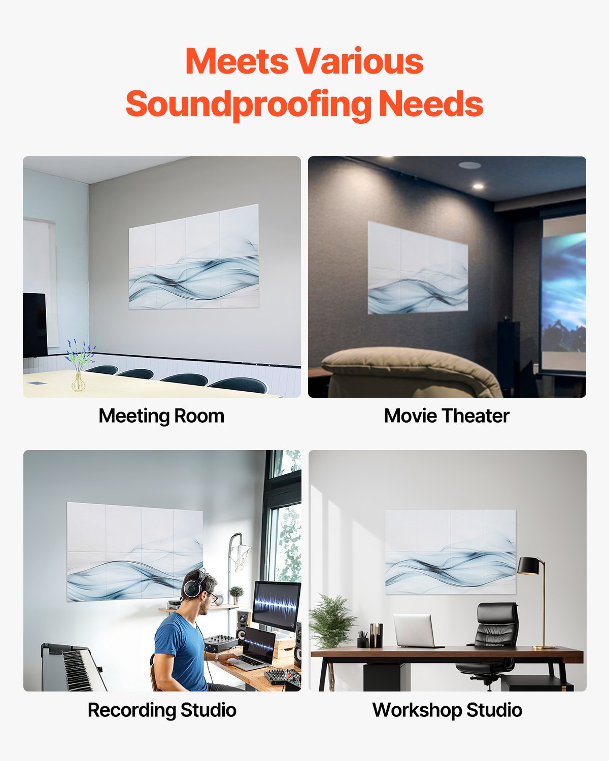 VEVOR 8-pack acoustic panels, 1200x800x10mm, acoustic wall panels, self-adhesive, sound-absorbing & sound-dampening panels for home, office, studio, playroom, theater, silk motif