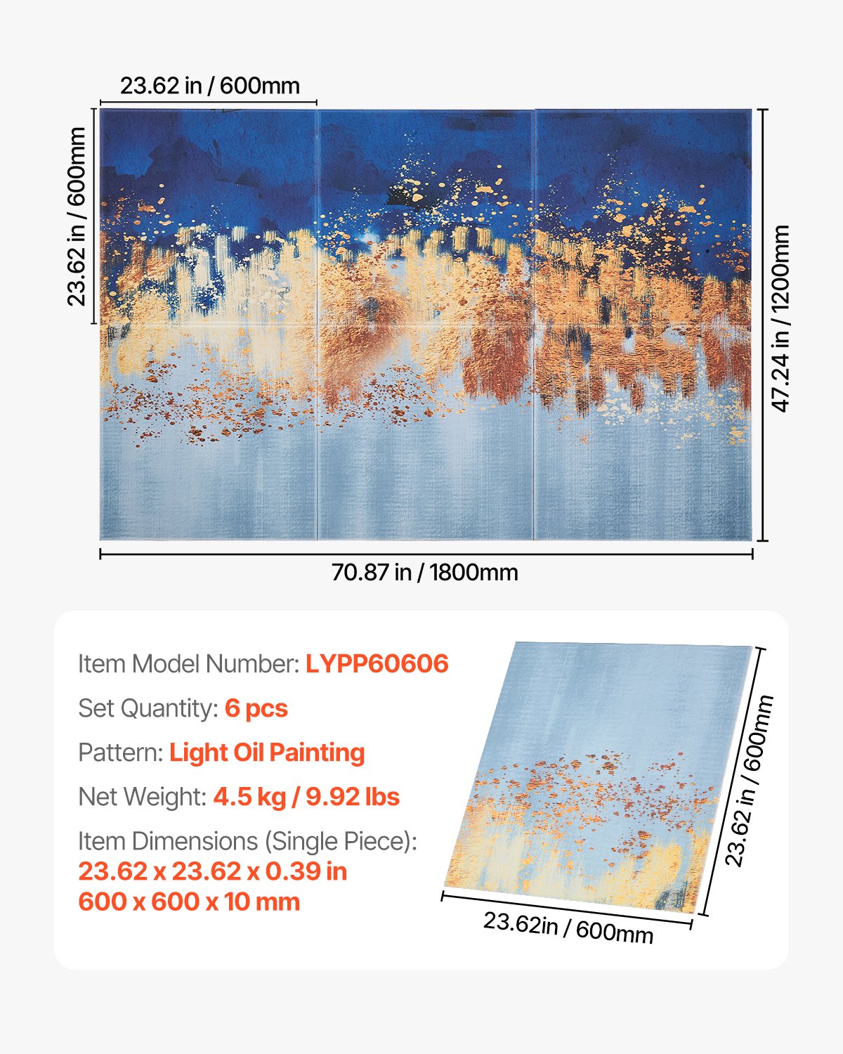 VEVOR Paneles Acústicos Artísticos, 6 uds, 600 x 600 x 10 mm, Baldosas de Pared Insonorizadas, Absorbentes de Sonido Decorativos Autoadhesivos para Hogar, Oficina, Estudio, Pintura al Óleo Clara