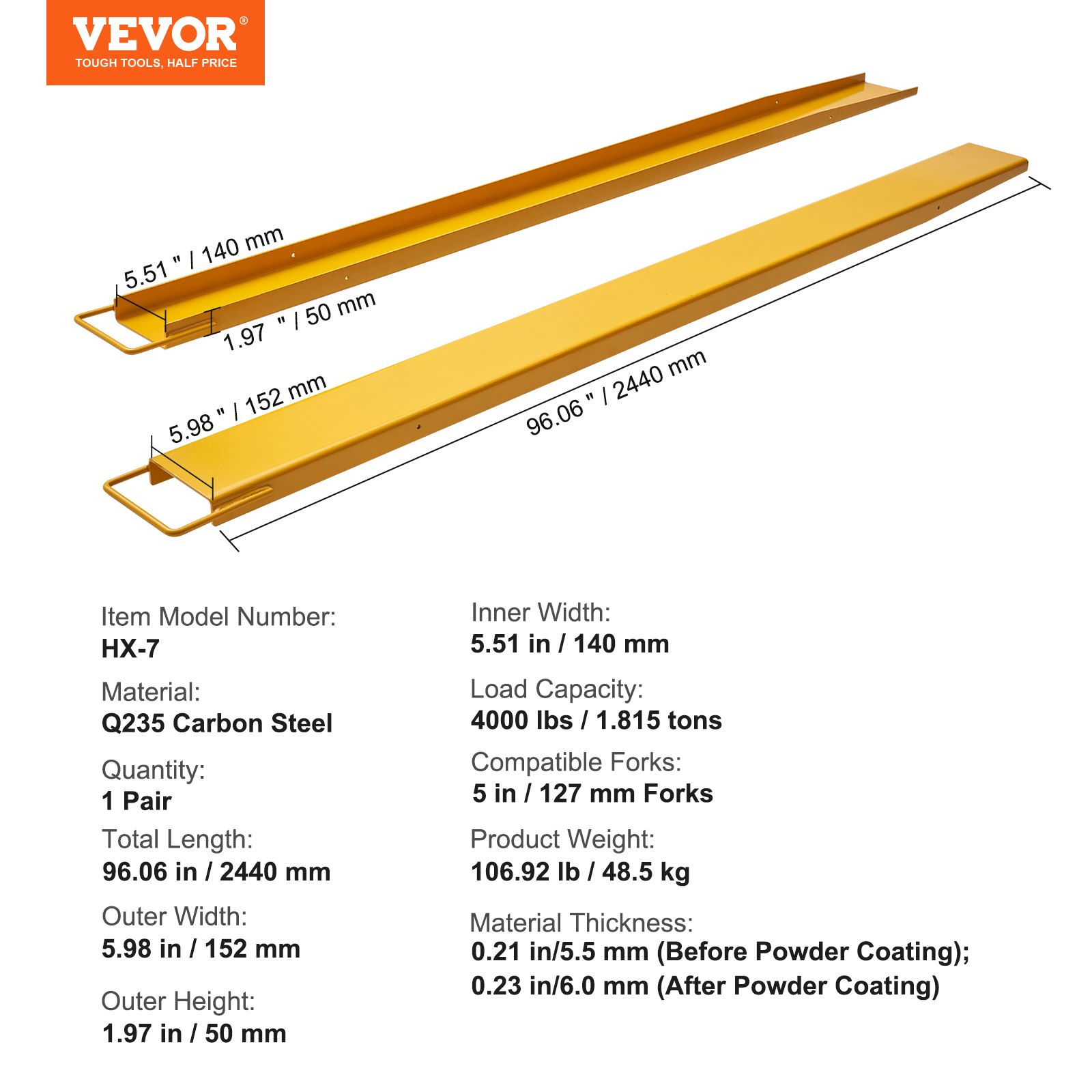 VEVOR Abrazadera de Horquillas de Tractor 2440x140 mm 1 Par de Acero al Carbono Abrazadera en Horquillas de Paletas Carga de 1815 T para Mover y Transportar Cargas Pesadas y Voluminosas, Amarillo