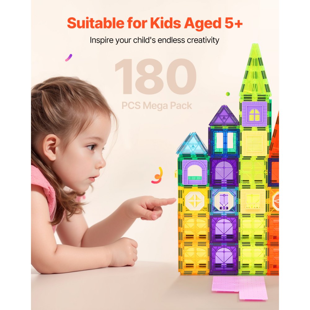 VEVOR 180 PCS de Bloques de Construcción Magnéticos con 2 Bases para Automóviles y Soporte para Noria, Juguete Apilable Sensorial de Construcción Educativa STEM para Niños de 3 Años en Adelante