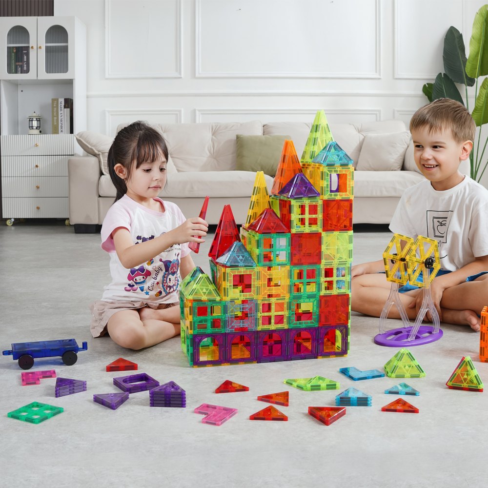 VEVOR 180 PCS de Bloques de Construcción Magnéticos con 2 Bases para Automóviles y Soporte para Noria, Juguete Apilable Sensorial de Construcción Educativa STEM para Niños de 3 Años en Adelante