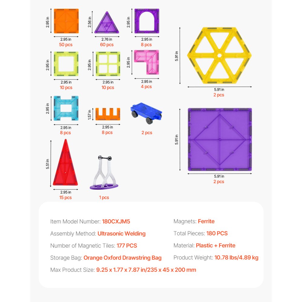 VEVOR 180 PCS de Bloques de Construcción Magnéticos con 2 Bases para Automóviles y Soporte para Noria, Juguete Apilable Sensorial de Construcción Educativa STEM para Niños de 3 Años en Adelante