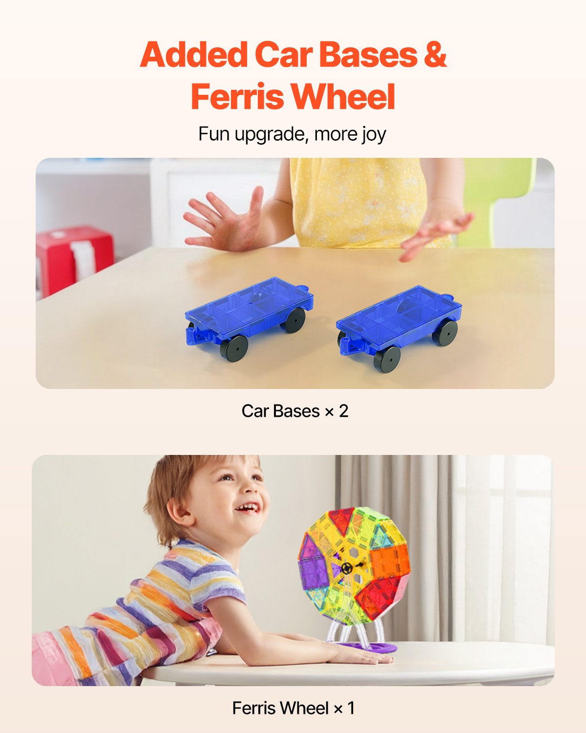 VEVOR 180 PCS de Bloques de Construcción Magnéticos con 2 Bases para Automóviles y Soporte para Noria, Juguete Apilable Sensorial de Construcción Educativa STEM para Niños de 3 Años en Adelante
