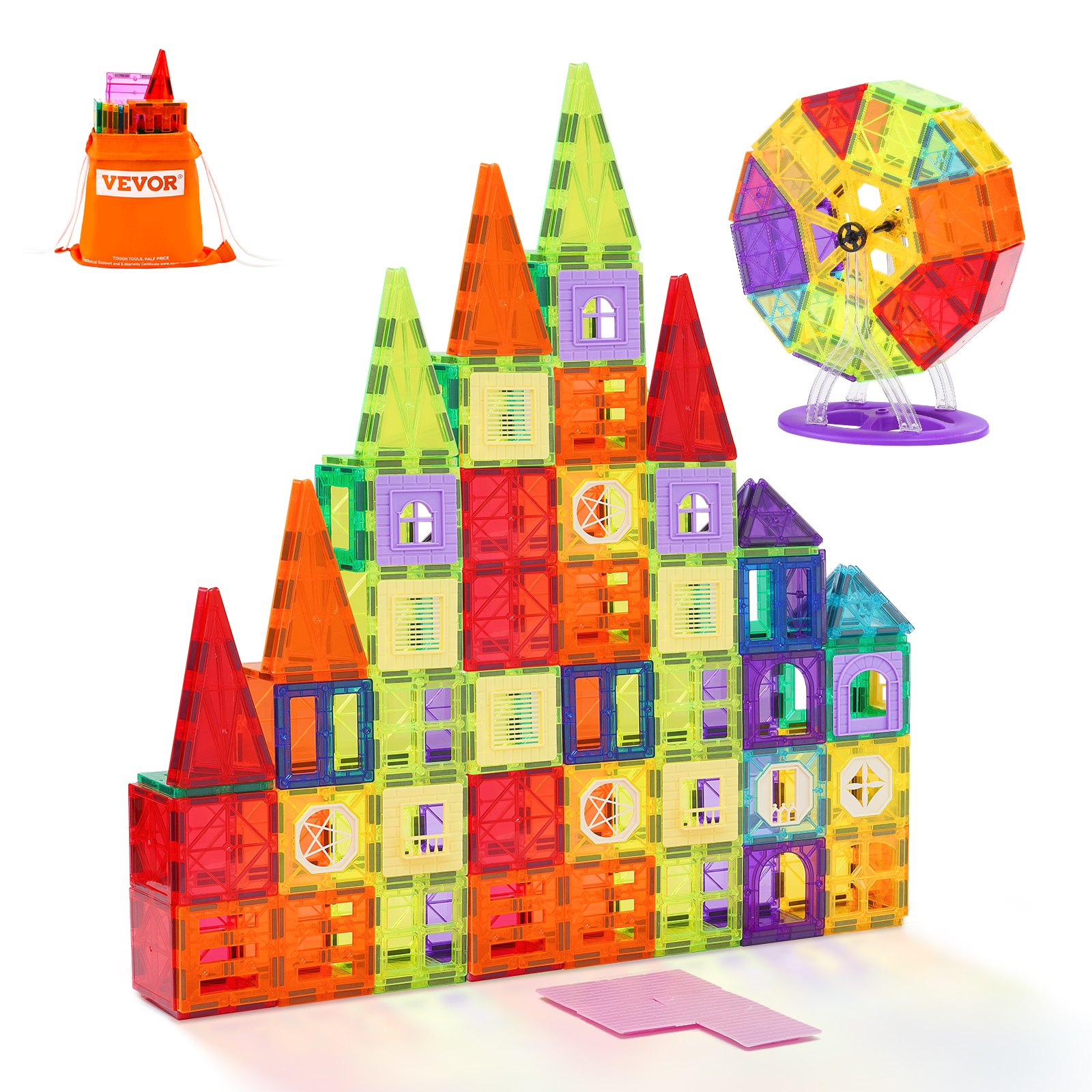 VEVOR 180 PCS de Bloques de Construcción Magnéticos con 2 Bases para Automóviles y Soporte para Noria, Juguete Apilable Sensorial de Construcción Educativa STEM para Niños de 3 Años en Adelante