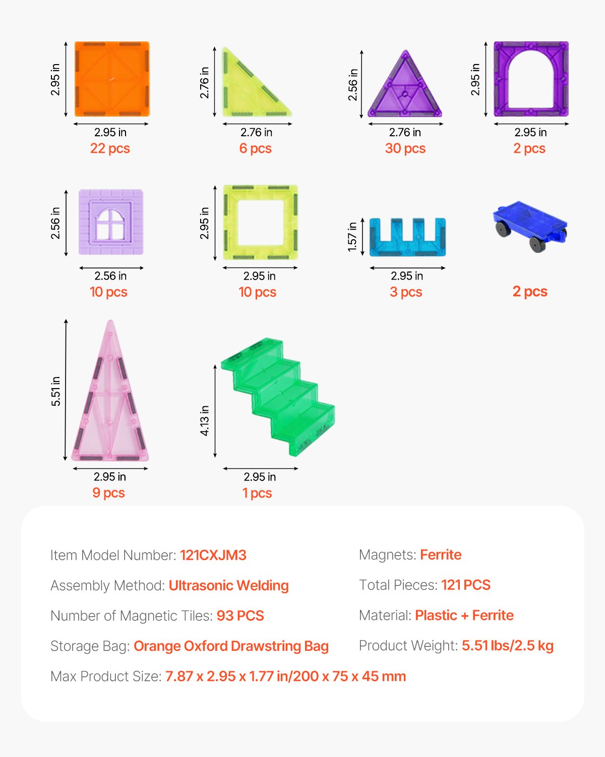 VEVOR 121 Piezas de Bloques de Construcción Magnéticos para Niños con 2 Bases para Automóviles y 26 Tarjetas Digitales Juguete Apilable de Construcción Educativa STEM para Niños de 3 Años en Adelante