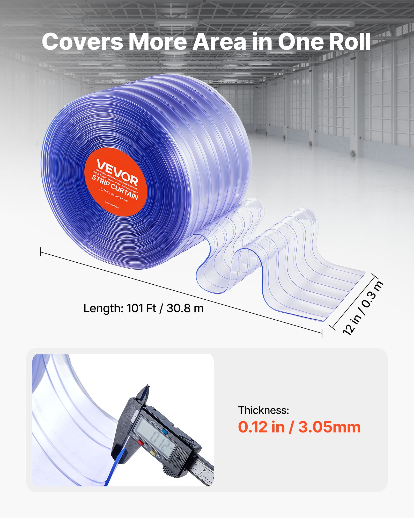 VEVOR Cortina de Puerta Plástico Largo de 30,8 Ancho de 0,3 m, Rollo de Tiras de PVC Espesor de 3 mm, Cortina de Tiras para Puertas de Supermercado, Entrada, Almacén, Centros Comerciales, Garaje