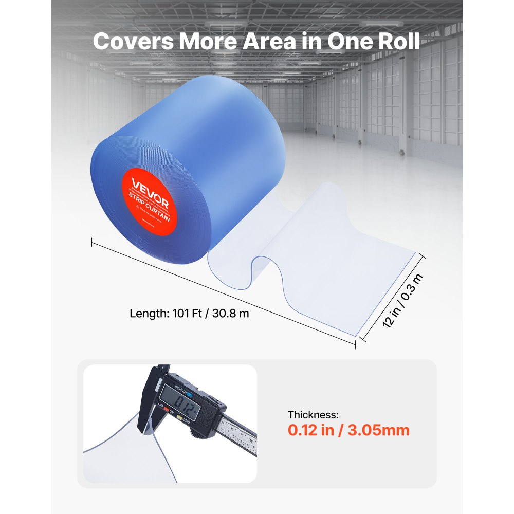 VEVOR Cortina de Puerta​ de PVC 30,8 x 0,3 cm, Rollo de Tiras de Plástico Transparente Espesor de 3 mm, Cortina de Tiras para Puertas de Supermercado, Fábrica, Almacén, Centros Comerciales, Garaje