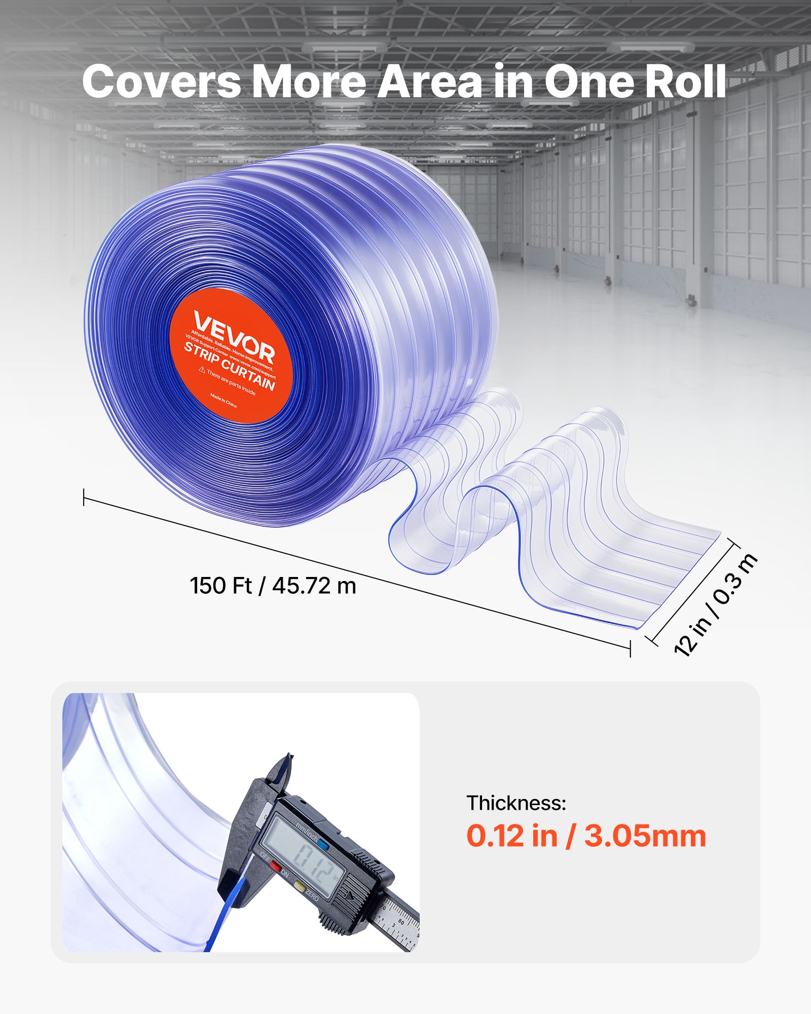 VEVOR Clear PVC Strip Curtain, 45.7 m Length x 30.5 cm Width, Ribbed Plastic Door Strip Bulk Roll, Walk in Freezer Cooler Curtain Strips for Doorways of Supermarket, Garage, Warehouse, Animal House