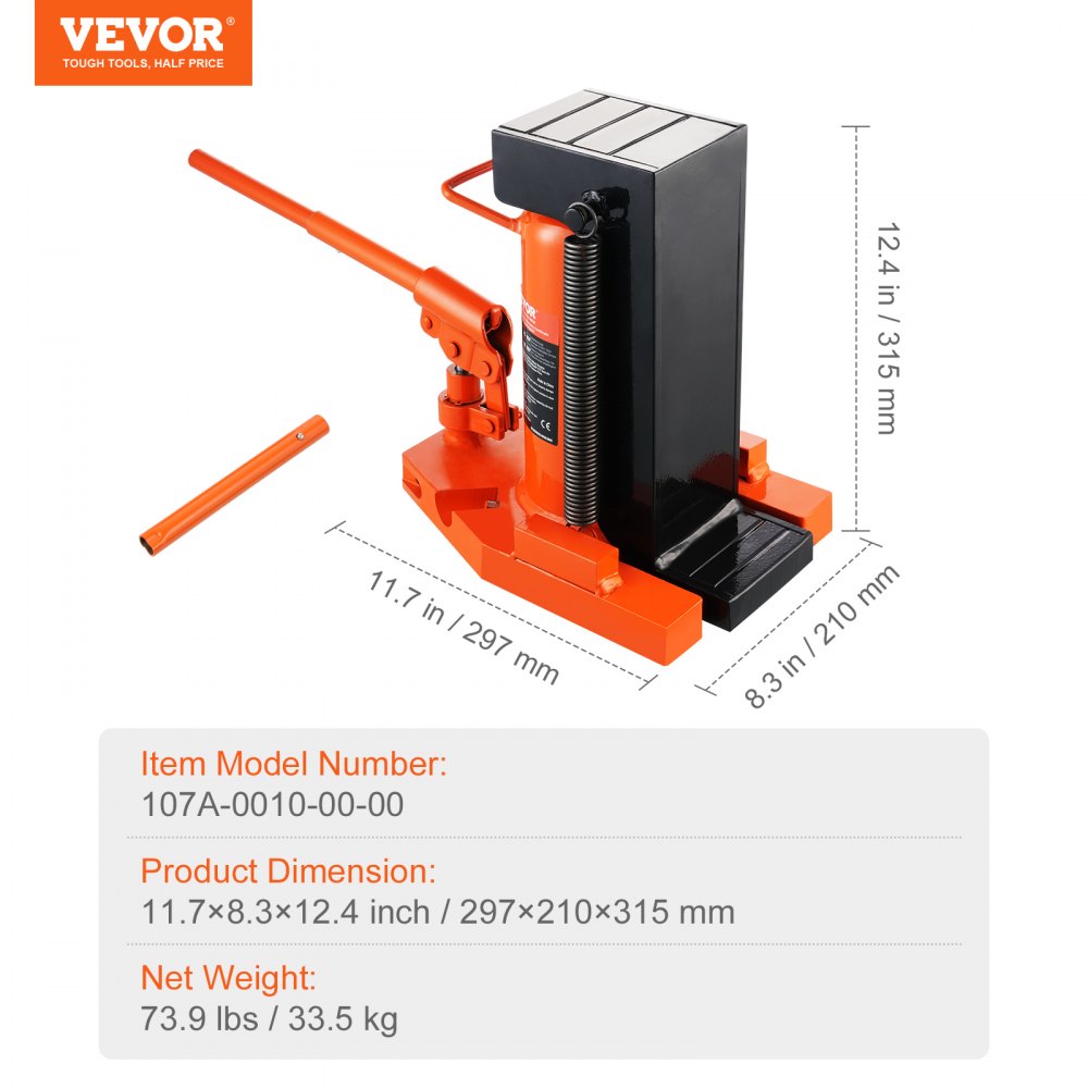 VEVOR Gato Hidráulico con Patas 10 T Gato Hidráulico para Máquina Capacidad de Elevación 20 T Superior Altura de Pata 30-190 mm Altura Superior 320-480 mm para Elevación de Maquinaria, Industria