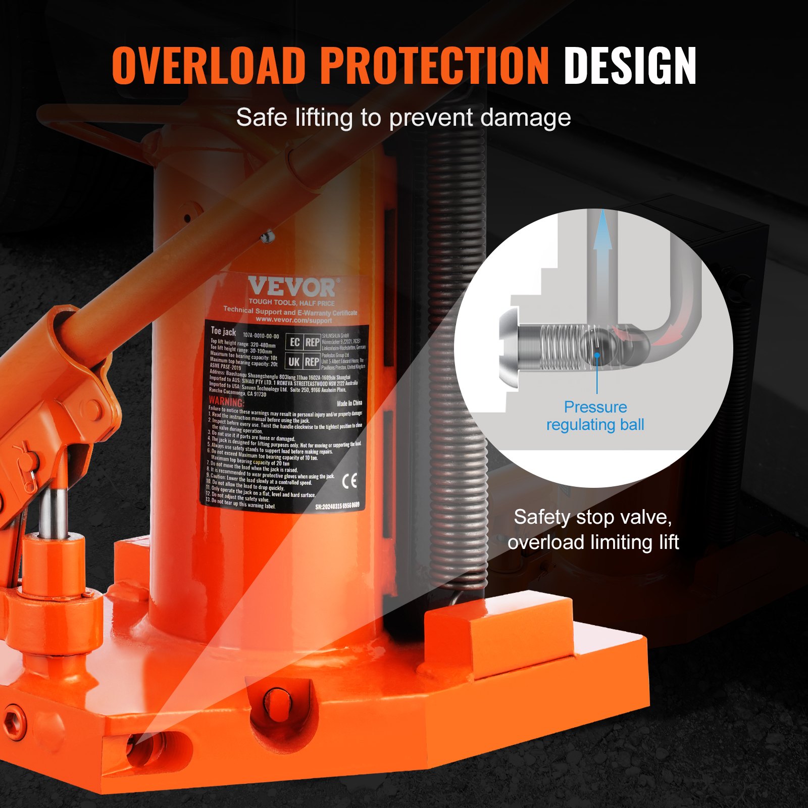 VEVOR Gato Hidráulico con Patas 10 T Gato Hidráulico para Máquina Capacidad de Elevación 20 T Superior Altura de Pata 30-190 mm Altura Superior 320-480 mm para Elevación de Maquinaria, Industria