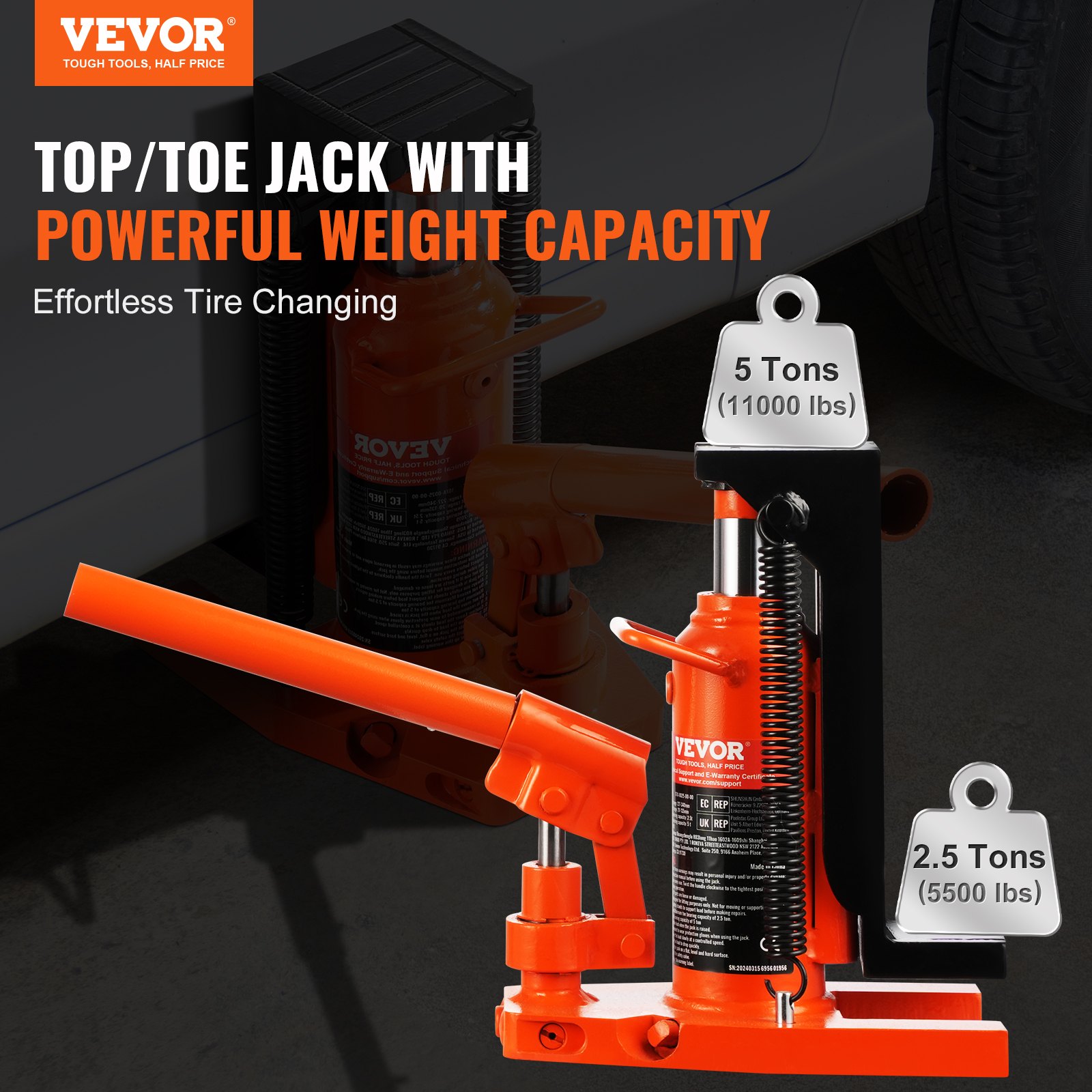 VEVOR Hydraulic Trolley Jack, 2.5t Toe Jack, 5t Toe Lifting Capacity, Machine Jack, 20-135mm Toe Height, 227-340mm Top Height, Air Hydraulic Claw Jack