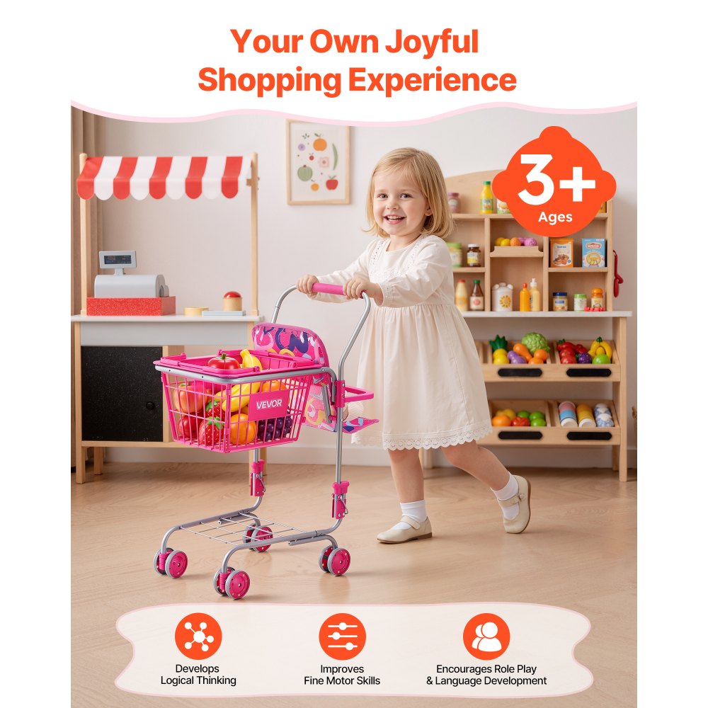 VEVOR Carrito de Compras Infantil Plegable de Metal con Cesta de 7L, Ruedas 360°, Doble Almacenamiento, Muñeca, Asiento para Muñeca, Carrito de Supermercado de Juguete para Niños de 3 Años en Adelante