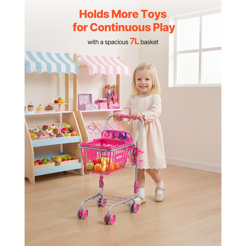 VEVOR Carrito de Compras Infantil Plegable de Metal con Cesta de 7L, Ruedas 360°, Doble Almacenamiento, Muñeca, Asiento para Muñeca, Carrito de Supermercado de Juguete para Niños de 3 Años en Adelante
