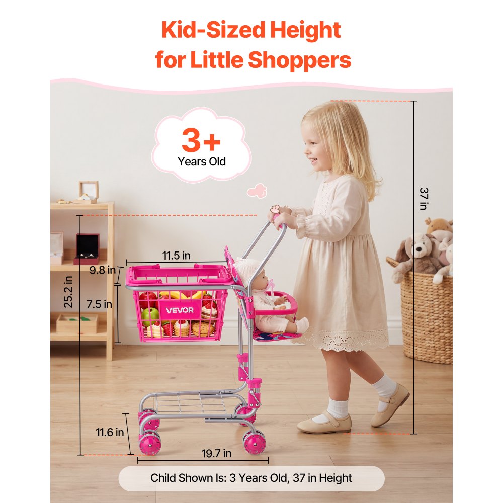VEVOR Carrito de Compras Infantil Plegable de Metal con Cesta de 7L, Ruedas 360°, Doble Almacenamiento, Muñeca, Asiento para Muñeca, Carrito de Supermercado de Juguete para Niños de 3 Años en Adelante