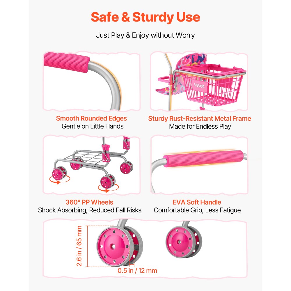 VEVOR Carrito de Compras Infantil Plegable de Metal con Cesta de 7L, Ruedas 360°, Doble Almacenamiento, Muñeca, Asiento para Muñeca, Carrito de Supermercado de Juguete para Niños de 3 Años en Adelante