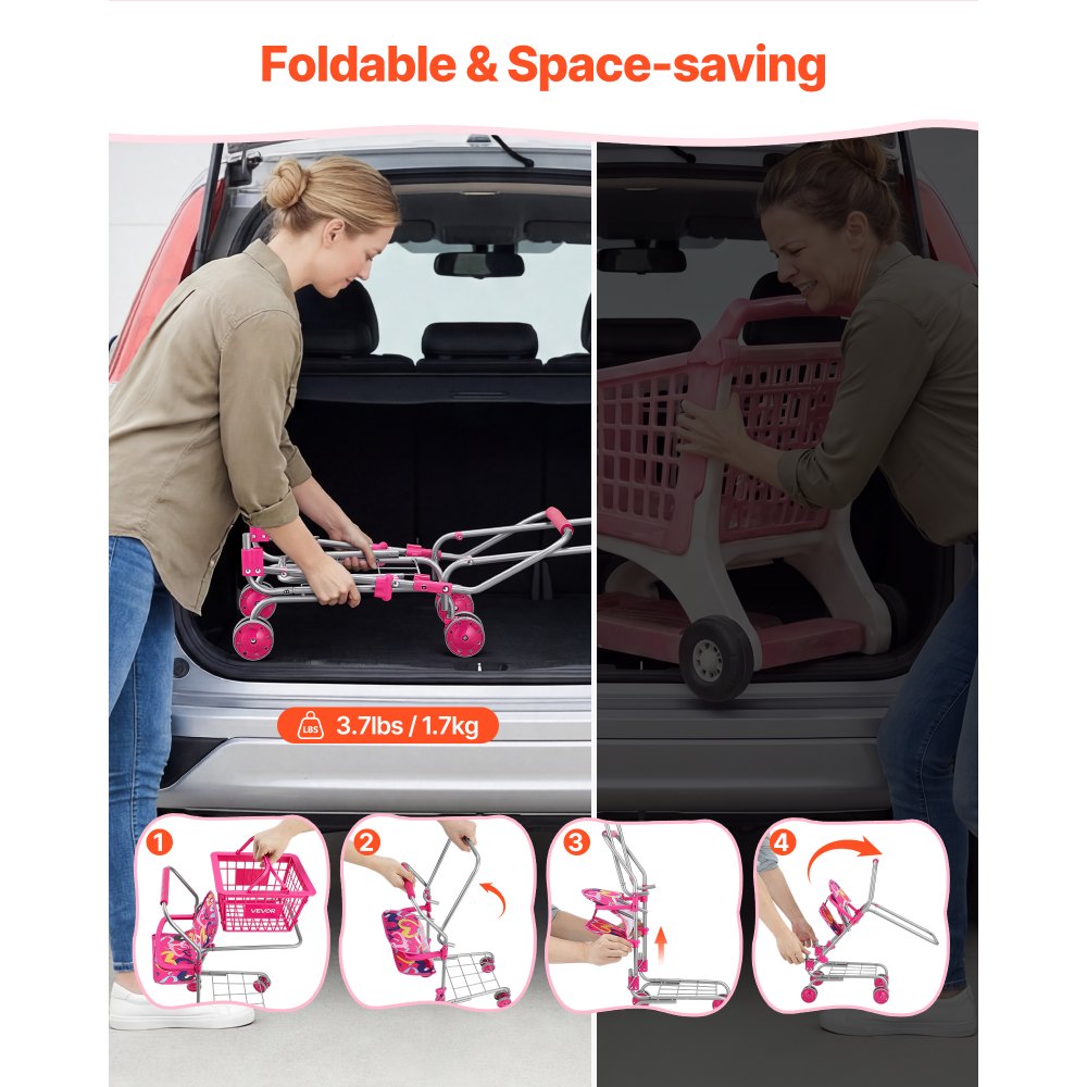 VEVOR Carrito de Compras Infantil Plegable de Metal con Cesta de 7L, Ruedas 360°, Doble Almacenamiento, Muñeca, Asiento para Muñeca, Carrito de Supermercado de Juguete para Niños de 3 Años en Adelante
