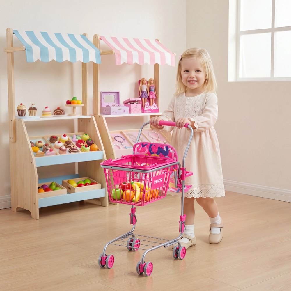 VEVOR Carrito de Compras Infantil Plegable de Metal con Cesta de 7L, Ruedas 360°, Doble Almacenamiento, Muñeca, Asiento para Muñeca, Carrito de Supermercado de Juguete para Niños de 3 Años en Adelante