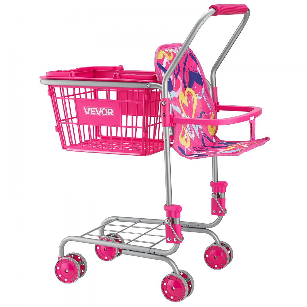 VEVOR Carrito de Compras Infantil Plegable de Metal con Cesta de 7L, Ruedas 360°, Doble Almacenamiento, Muñeca, Asiento para Muñeca, Carrito de Supermercado de Juguete para Niños de 3 Años en Adelante