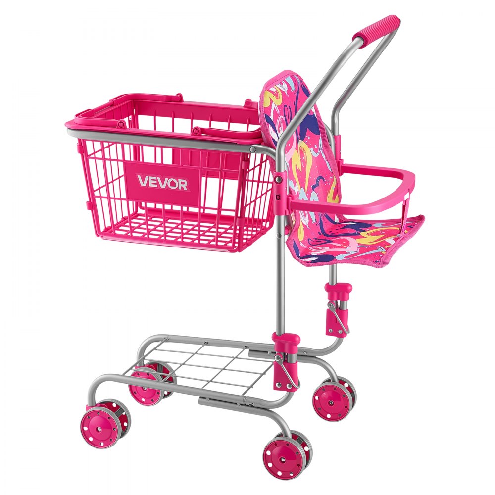 VEVOR Carrito de Compras Infantil Plegable de Metal con Cesta de 7L, Ruedas 360°, Doble Almacenamiento, Muñeca, Asiento para Muñeca, Carrito de Supermercado de Juguete para Niños de 3 Años en Adelante