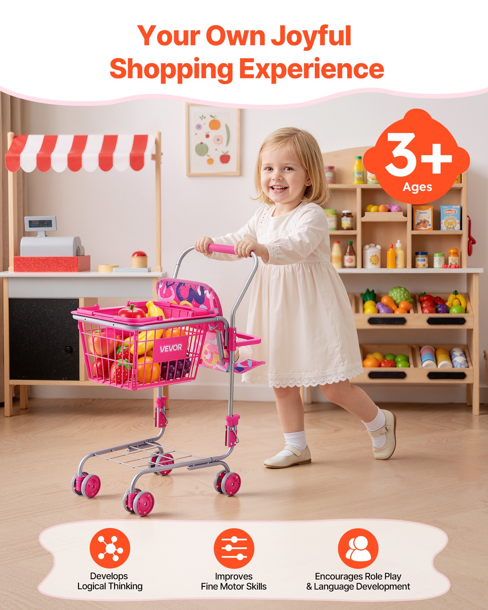 VEVOR Carrito de Compras Infantil Plegable de Metal con Cesta de 7L, Ruedas 360°, Doble Almacenamiento, Muñeca, Asiento para Muñeca, Carrito de Supermercado de Juguete para Niños de 3 Años en Adelante