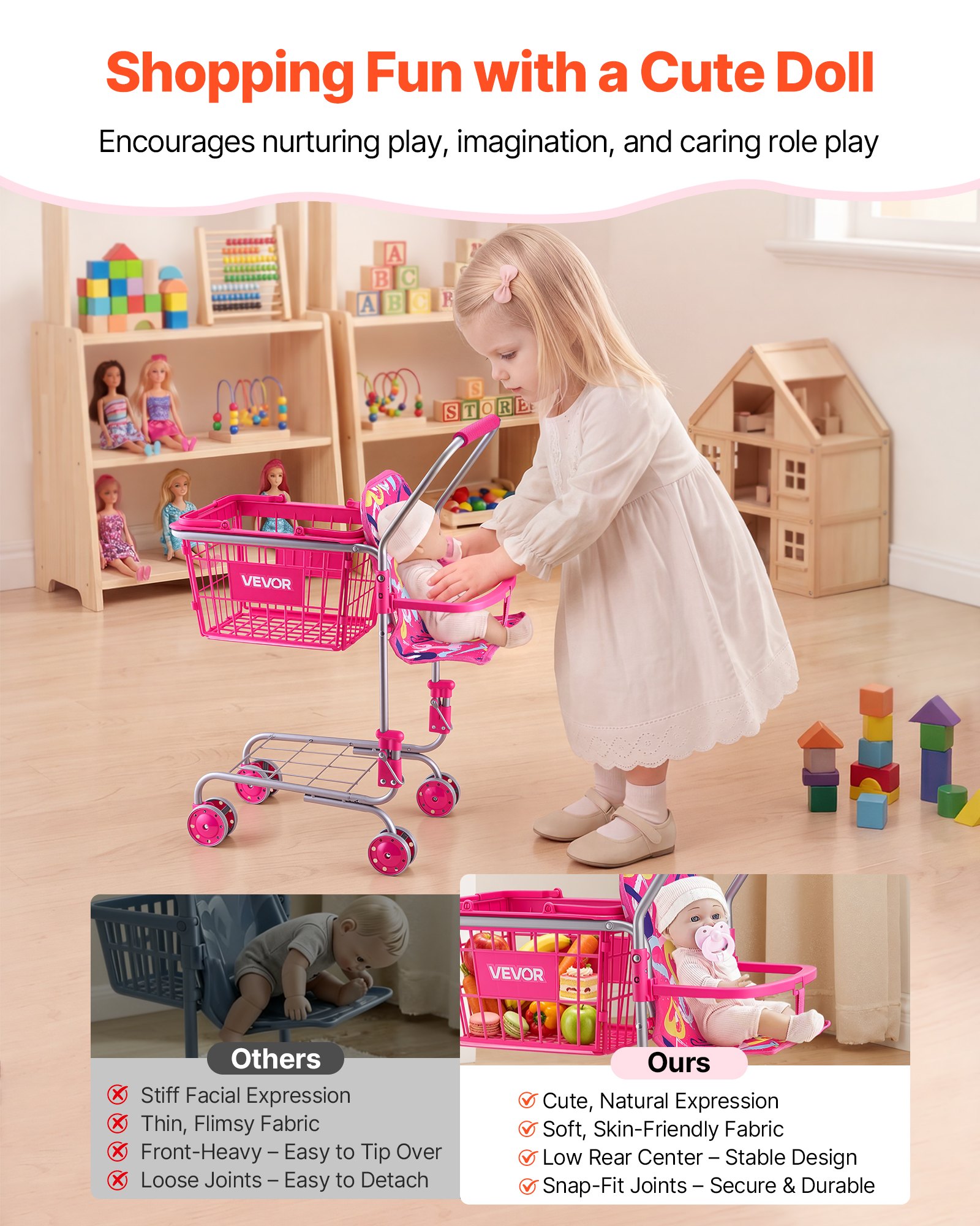 VEVOR Carrito de Compras Infantil Plegable de Metal con Cesta de 7L, Ruedas 360°, Doble Almacenamiento, Muñeca, Asiento para Muñeca, Carrito de Supermercado de Juguete para Niños de 3 Años en Adelante