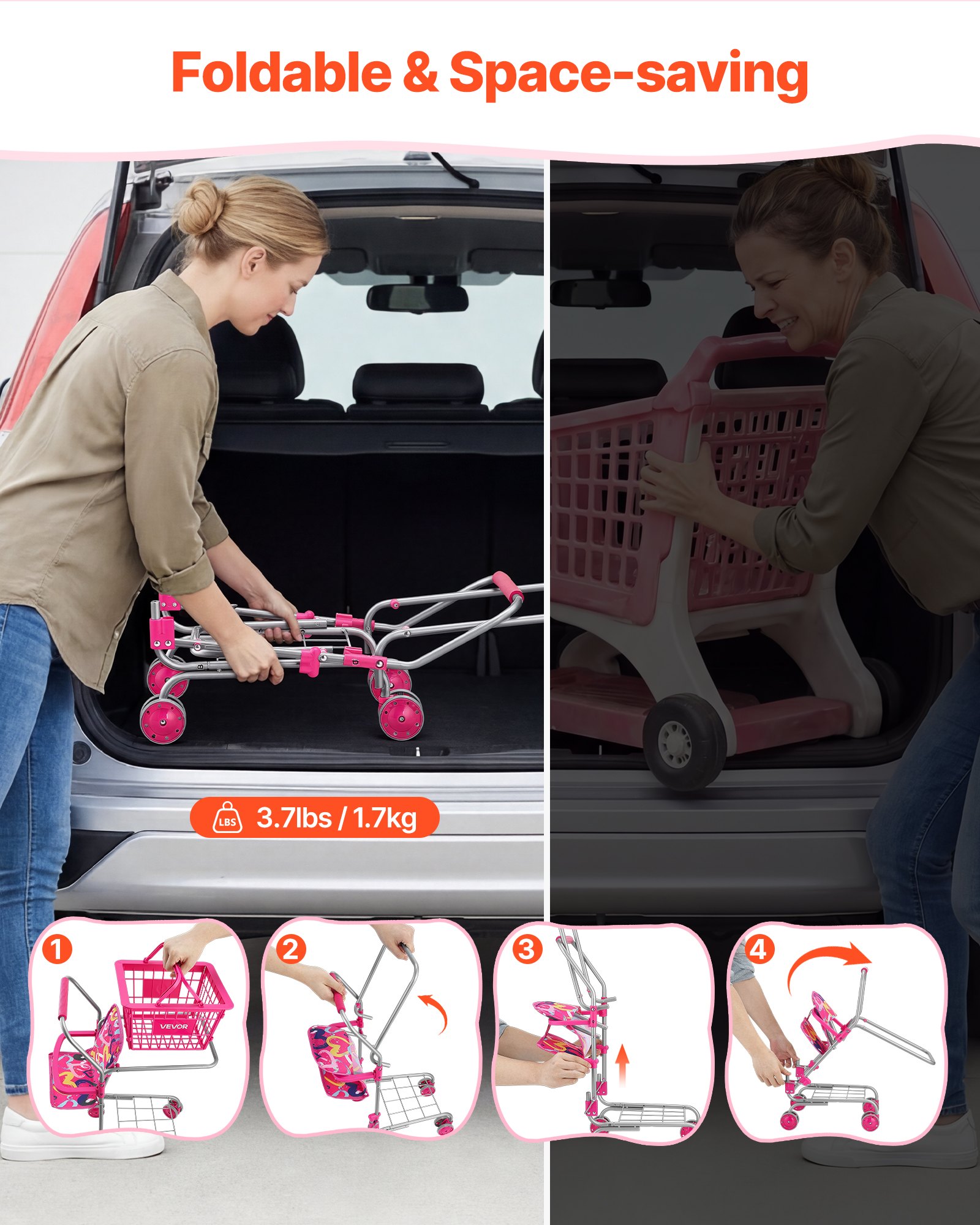VEVOR Carrito de Compras Infantil Plegable de Metal con Cesta de 7L, Ruedas 360°, Doble Almacenamiento, Muñeca, Asiento para Muñeca, Carrito de Supermercado de Juguete para Niños de 3 Años en Adelante