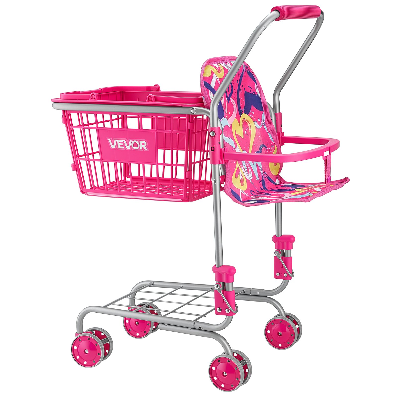 VEVOR Carrito de Compras Infantil Plegable de Metal con Cesta de 7L, Ruedas 360°, Doble Almacenamiento, Muñeca, Asiento para Muñeca, Carrito de Supermercado de Juguete para Niños de 3 Años en Adelante