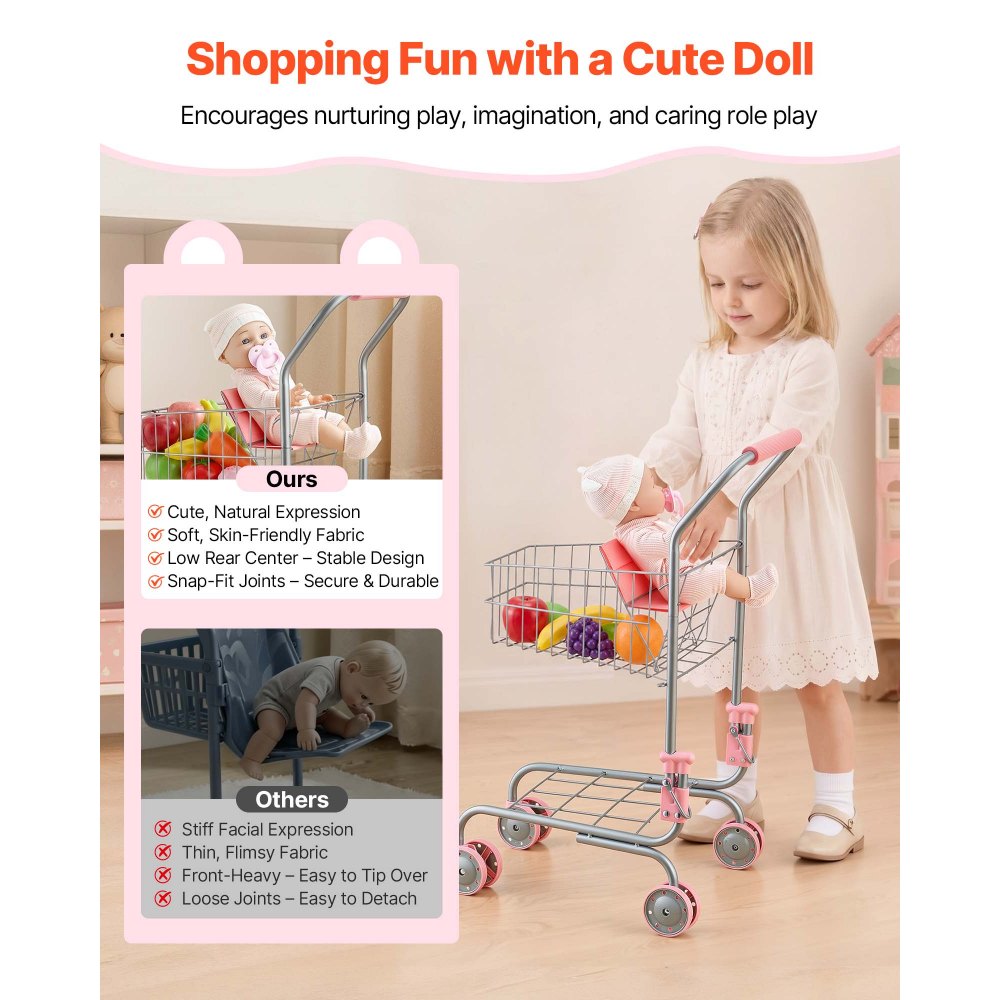 VEVOR Carrito de Compras Infantil, Estructura de Metal, Carrito de Supermercado de Juguete con Muñeca, Doble Almacenamiento, Cesta de 6 L, Ruedas de PP y Asa de EVA para Niños de 3 Años en Adelante