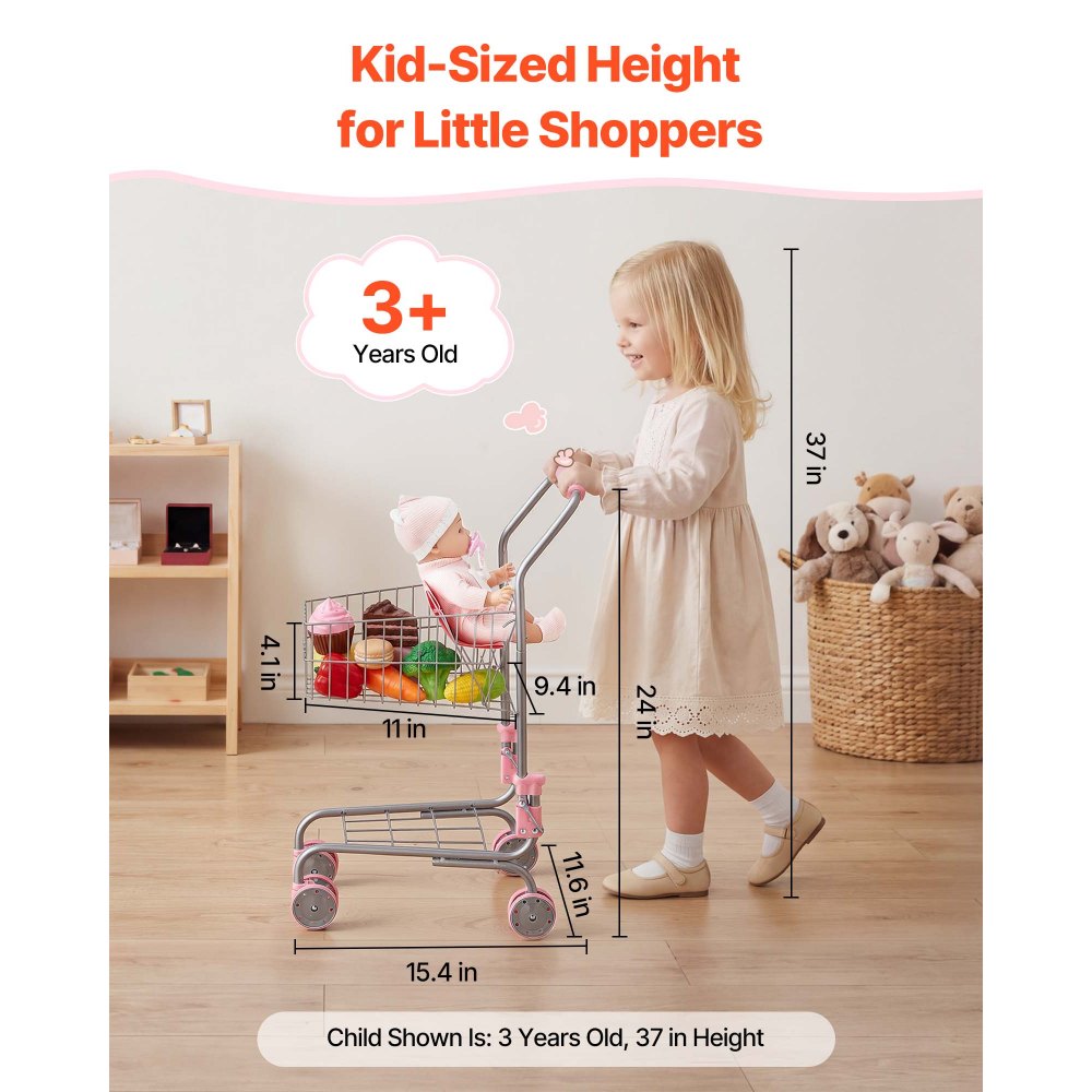 VEVOR Carrito de Compras Infantil, Estructura de Metal, Carrito de Supermercado de Juguete con Muñeca, Doble Almacenamiento, Cesta de 6 L, Ruedas de PP y Asa de EVA para Niños de 3 Años en Adelante