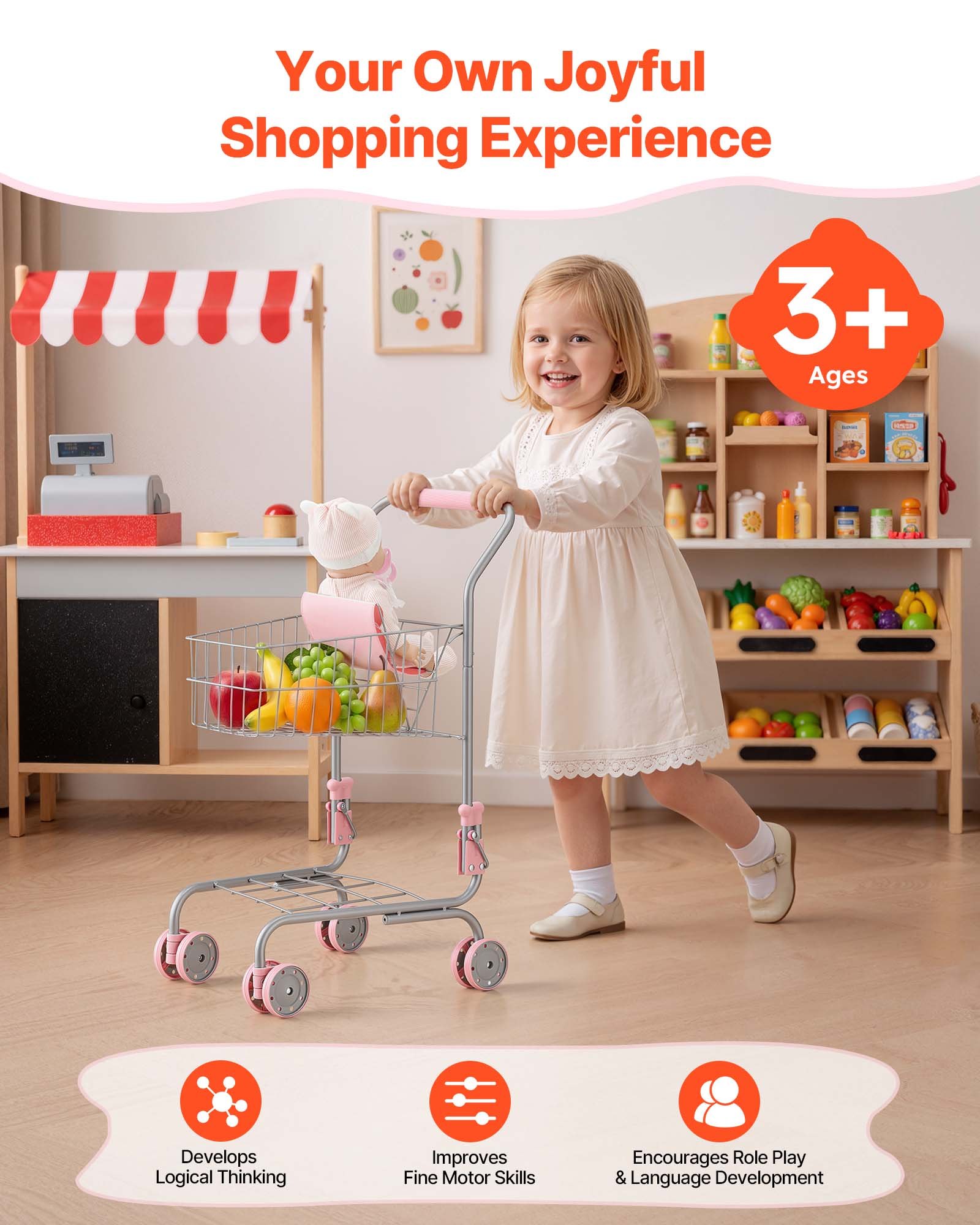 VEVOR Carrito de Compras Infantil, Estructura de Metal, Carrito de Supermercado de Juguete con Muñeca, Doble Almacenamiento, Cesta de 6 L, Ruedas de PP y Asa de EVA para Niños de 3 Años en Adelante