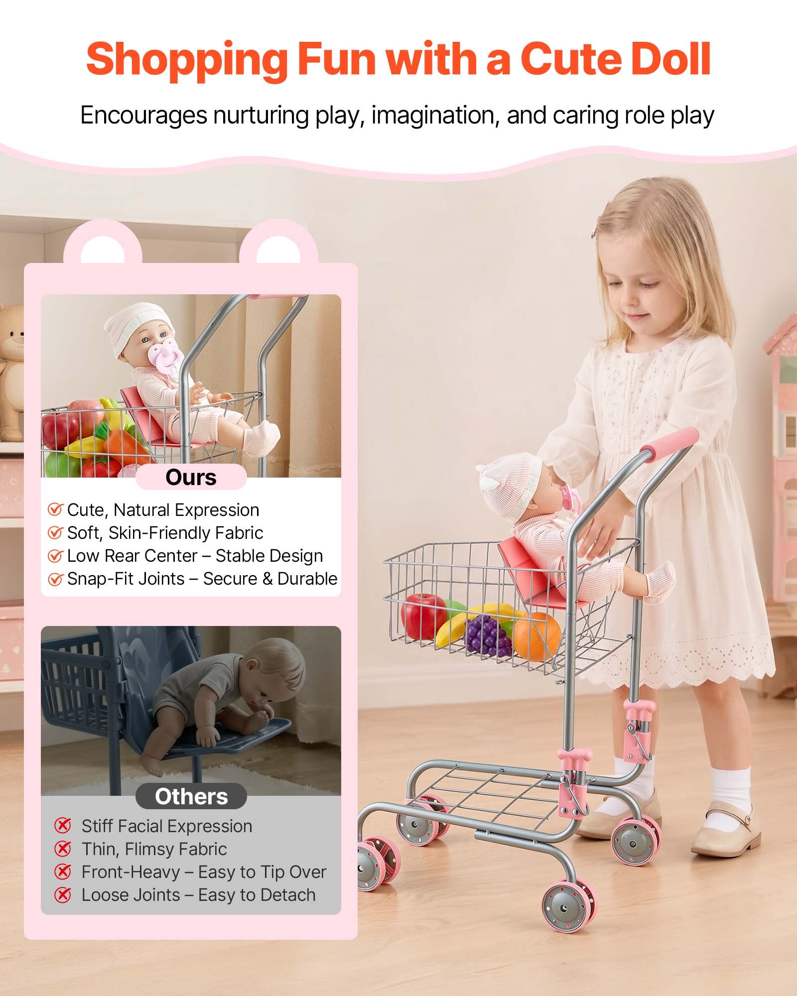 VEVOR Carrito de Compras Infantil, Estructura de Metal, Carrito de Supermercado de Juguete con Muñeca, Doble Almacenamiento, Cesta de 6 L, Ruedas de PP y Asa de EVA para Niños de 3 Años en Adelante