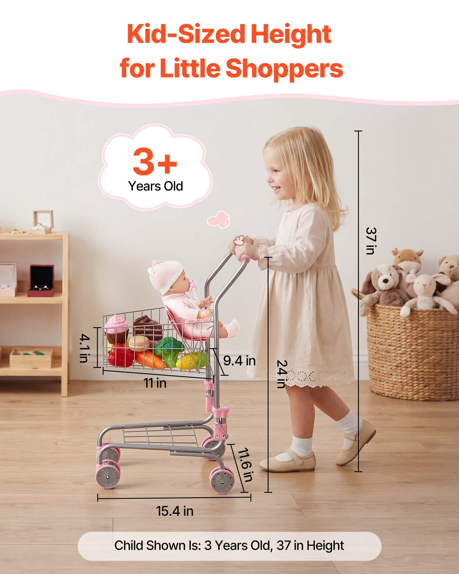 VEVOR Carrito de Compras Infantil, Estructura de Metal, Carrito de Supermercado de Juguete con Muñeca, Doble Almacenamiento, Cesta de 6 L, Ruedas de PP y Asa de EVA para Niños de 3 Años en Adelante