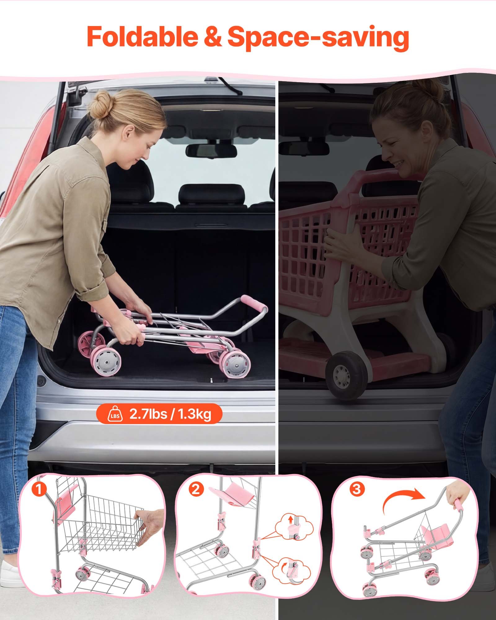 VEVOR Carrito de Compras Infantil, Estructura de Metal, Carrito de Supermercado de Juguete con Muñeca, Doble Almacenamiento, Cesta de 6 L, Ruedas de PP y Asa de EVA para Niños de 3 Años en Adelante