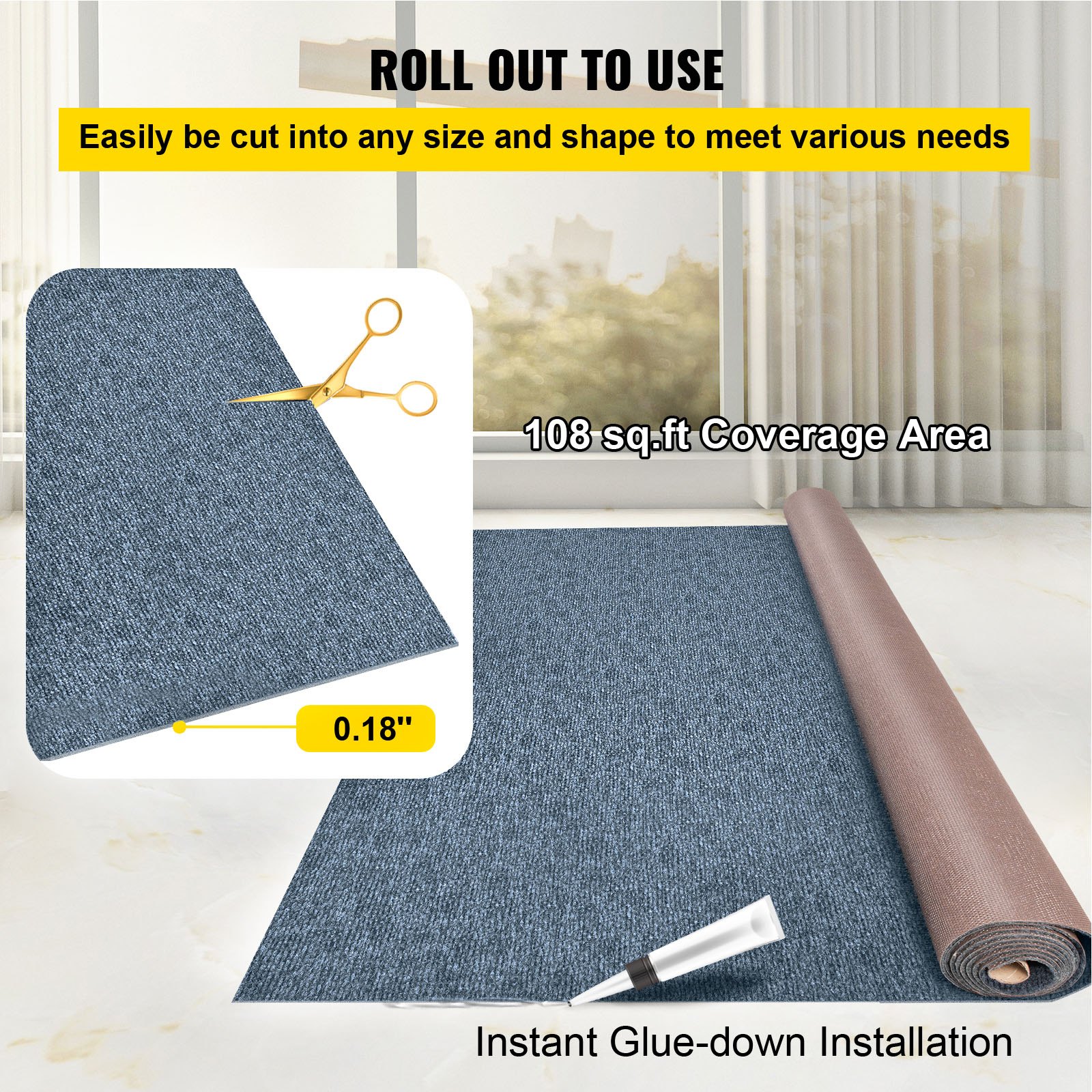 VEVOR Alfombra de Poliéster de 1,8 x 4 m, Alfombra para Terraza y Patio Antideslizante, Espesor de 4,6 mm, Alfombras Marinas para Exteriores Baños Porche A Prueba de Agua de TPR Gris, Fácil de Limpiar
