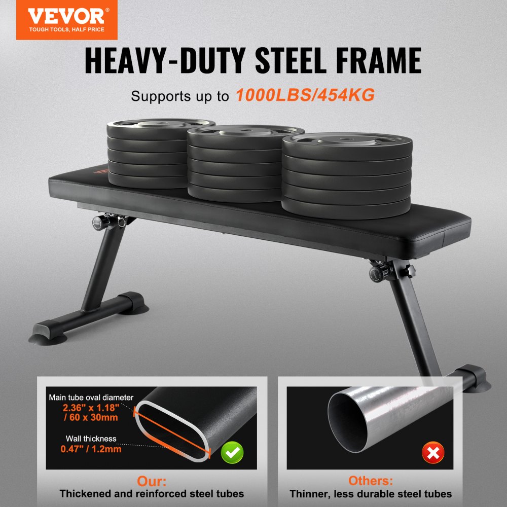 VEVOR Banco de Pesas Plano 116x42,5x43 cm Banco de Entrenamiento de Fuerza Plegable Carga de 454 kg para Ejercicios de Gimnasio en Casa Entrenamiento con Pesas Multiusos y Ejercicios Abdominales
