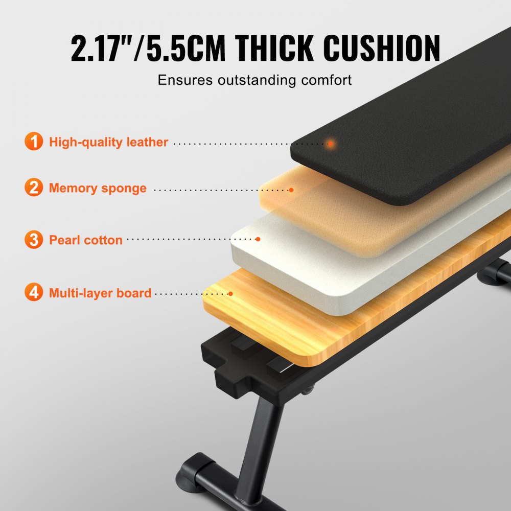 VEVOR Banco de Pesas Plano 116x42,5x43 cm Banco de Entrenamiento de Fuerza Plegable Carga de 454 kg para Ejercicios de Gimnasio en Casa Entrenamiento con Pesas Multiusos y Ejercicios Abdominales