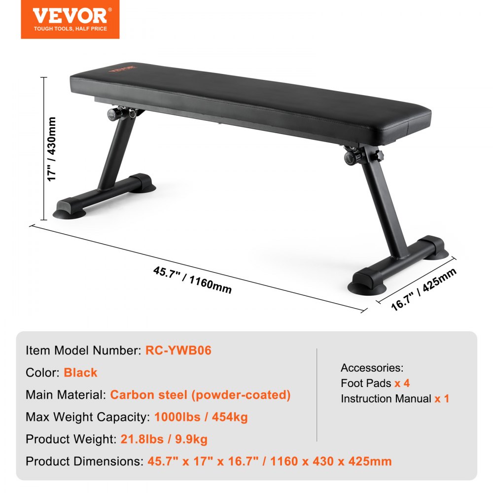 VEVOR Banco de Pesas Plano 116x42,5x43 cm Banco de Entrenamiento de Fuerza Plegable Carga de 454 kg para Ejercicios de Gimnasio en Casa Entrenamiento con Pesas Multiusos y Ejercicios Abdominales
