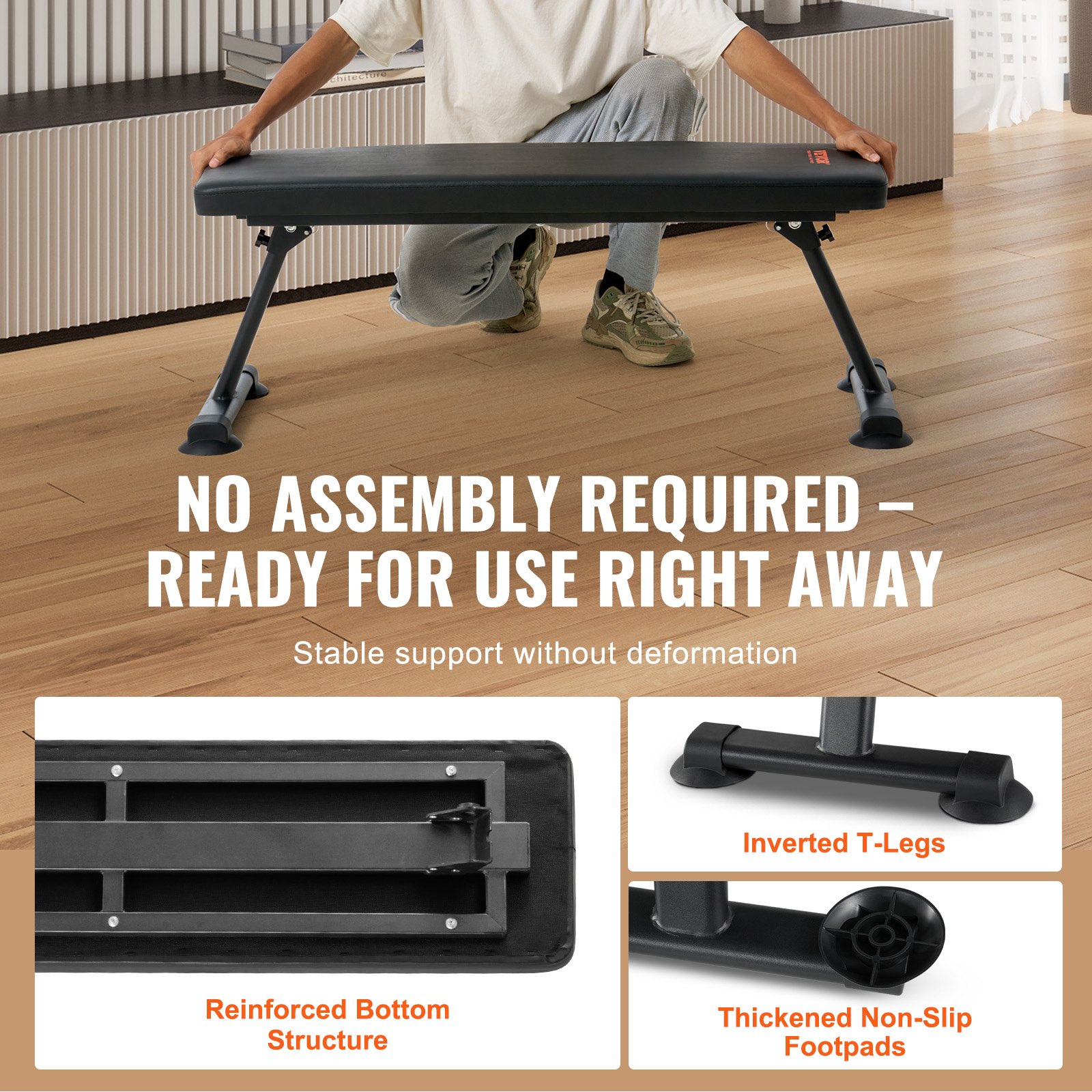 VEVOR Banco de Pesas Plano 116x42,5x43 cm Banco de Entrenamiento de Fuerza Plegable Carga de 454 kg para Ejercicios de Gimnasio en Casa Entrenamiento con Pesas Multiusos y Ejercicios Abdominales