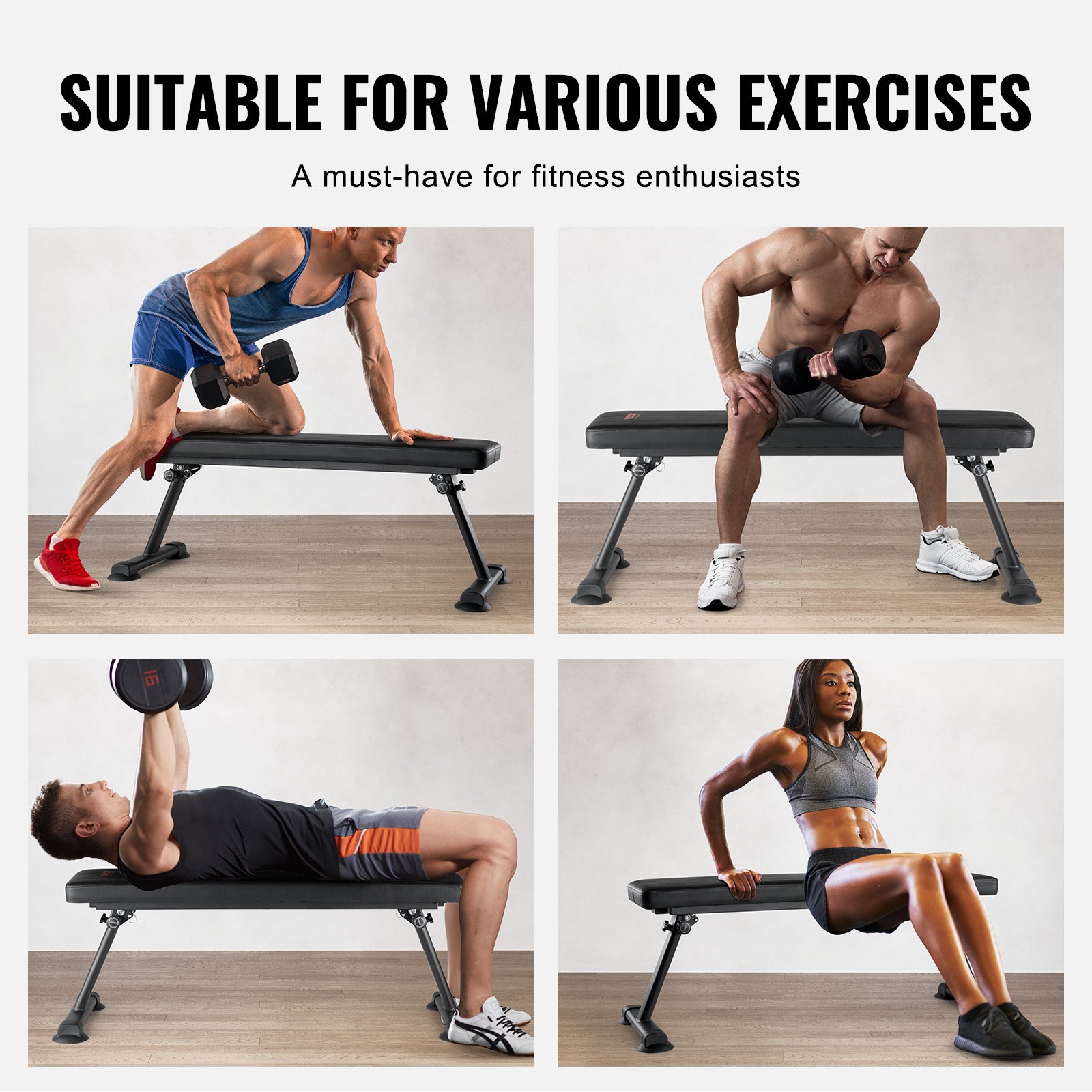 VEVOR Banco de Pesas Plano 116x42,5x43 cm Banco de Entrenamiento de Fuerza Plegable Carga de 454 kg para Ejercicios de Gimnasio en Casa Entrenamiento con Pesas Multiusos y Ejercicios Abdominales